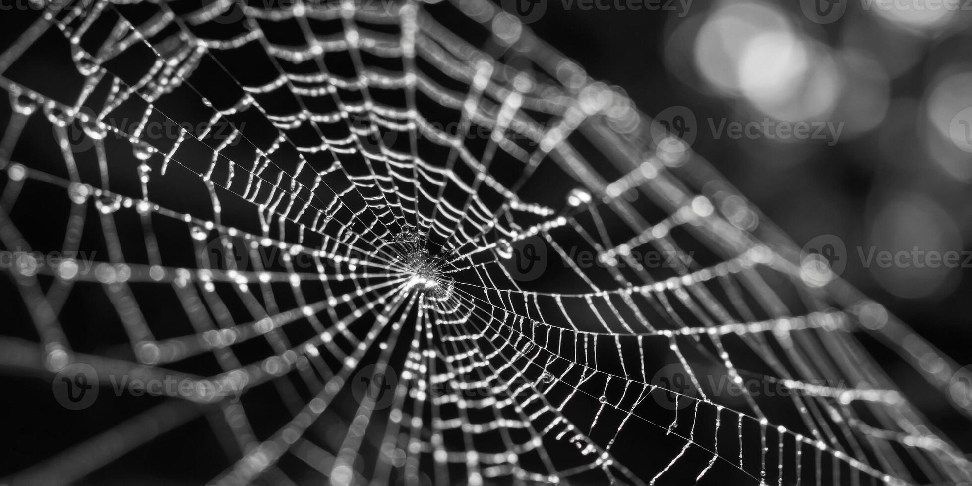 A close-up shot of a intricate spider web in black and white. photo