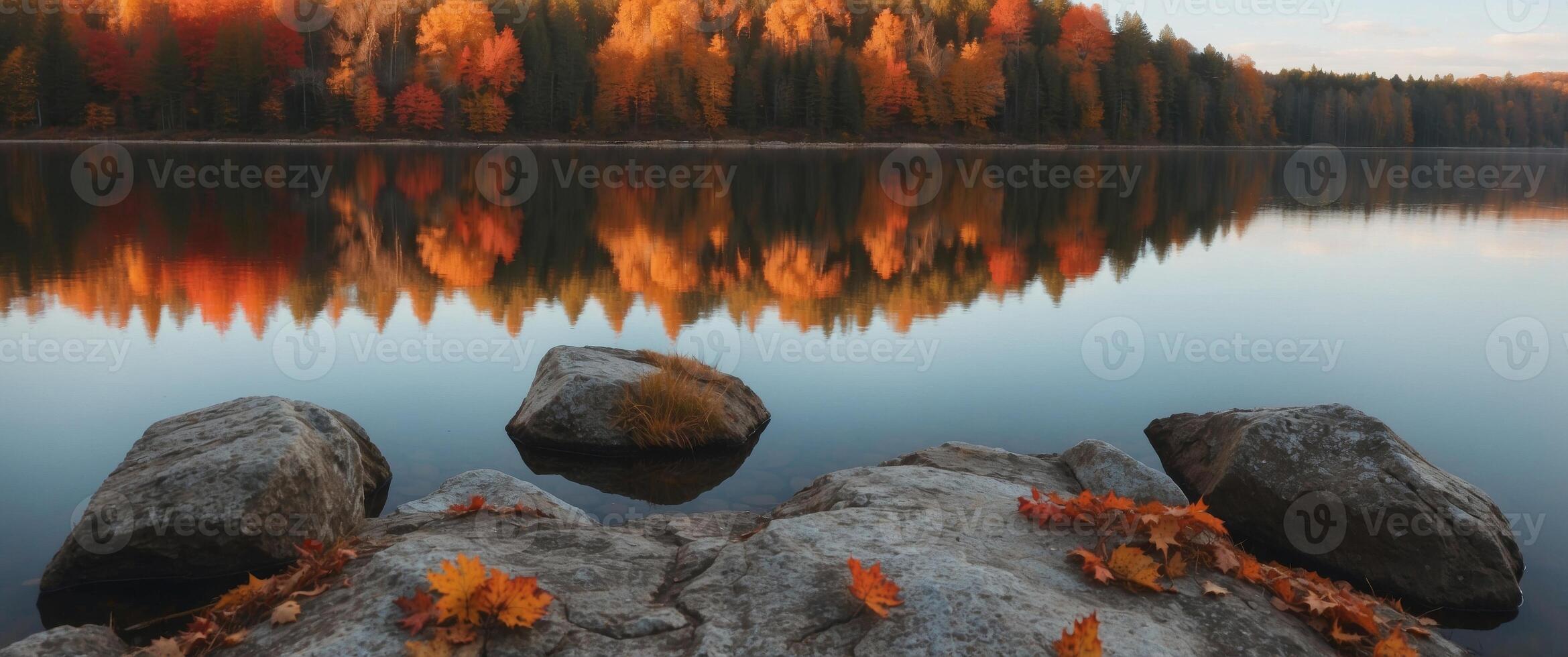 A scenic view of a lake reflecting the fall colors. photo