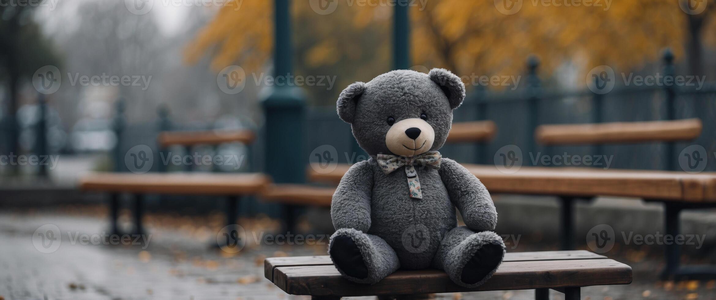 Black and white Lost teddy bear sitting on bench at playground in gloomy day. photo