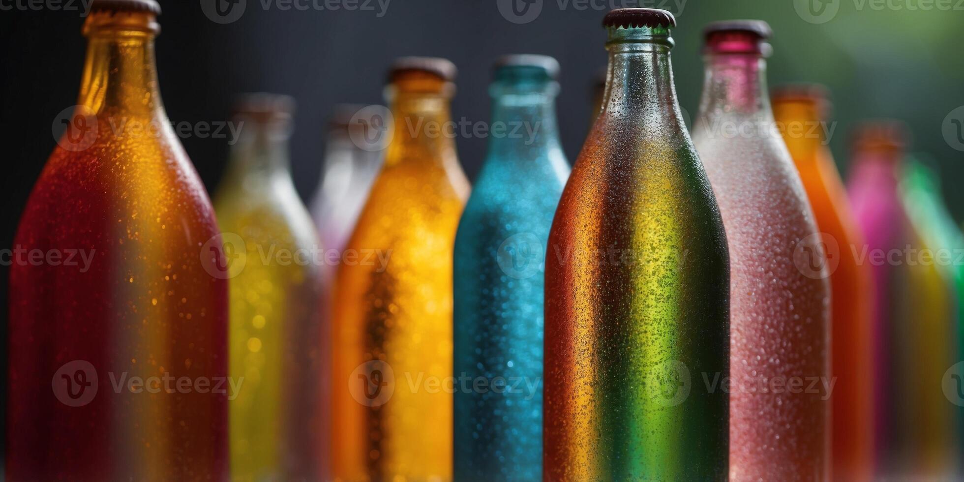 Close-up of colorful glass soda bottles with condensation. photo