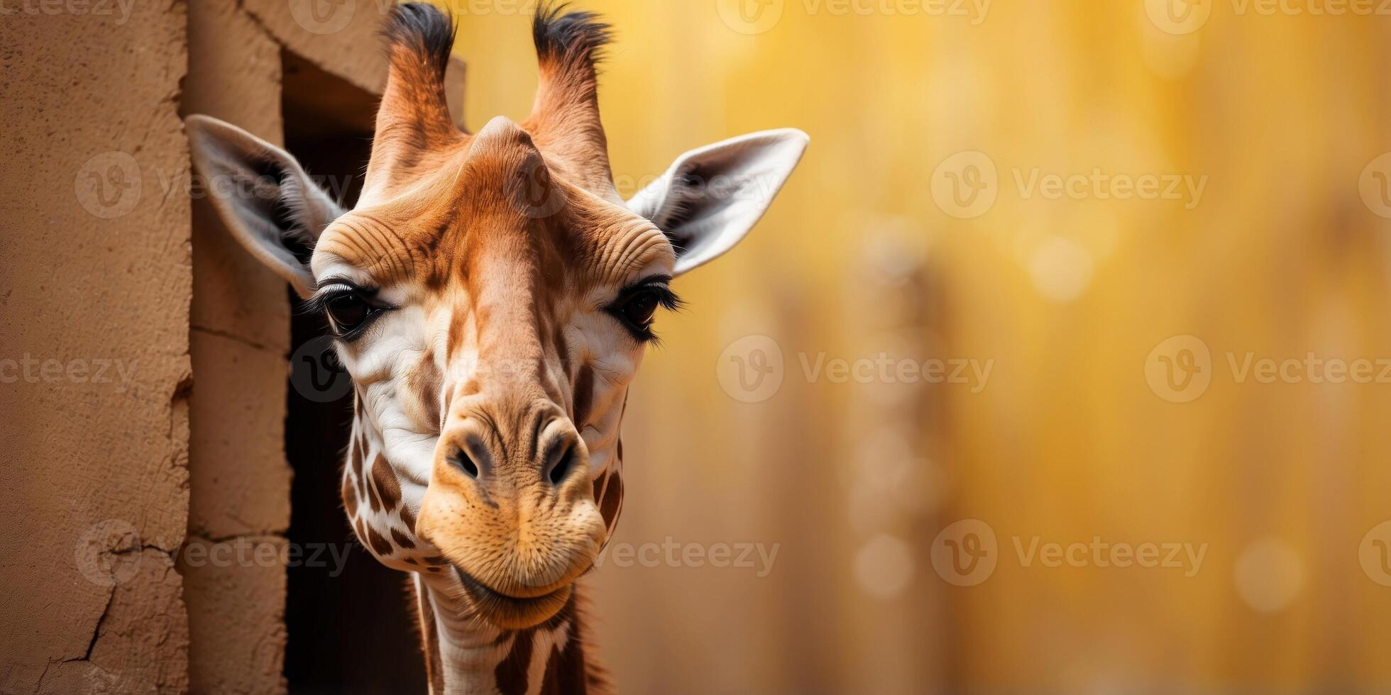 cute giraffe coming through crack hole in solid yellow background with copy space. photo