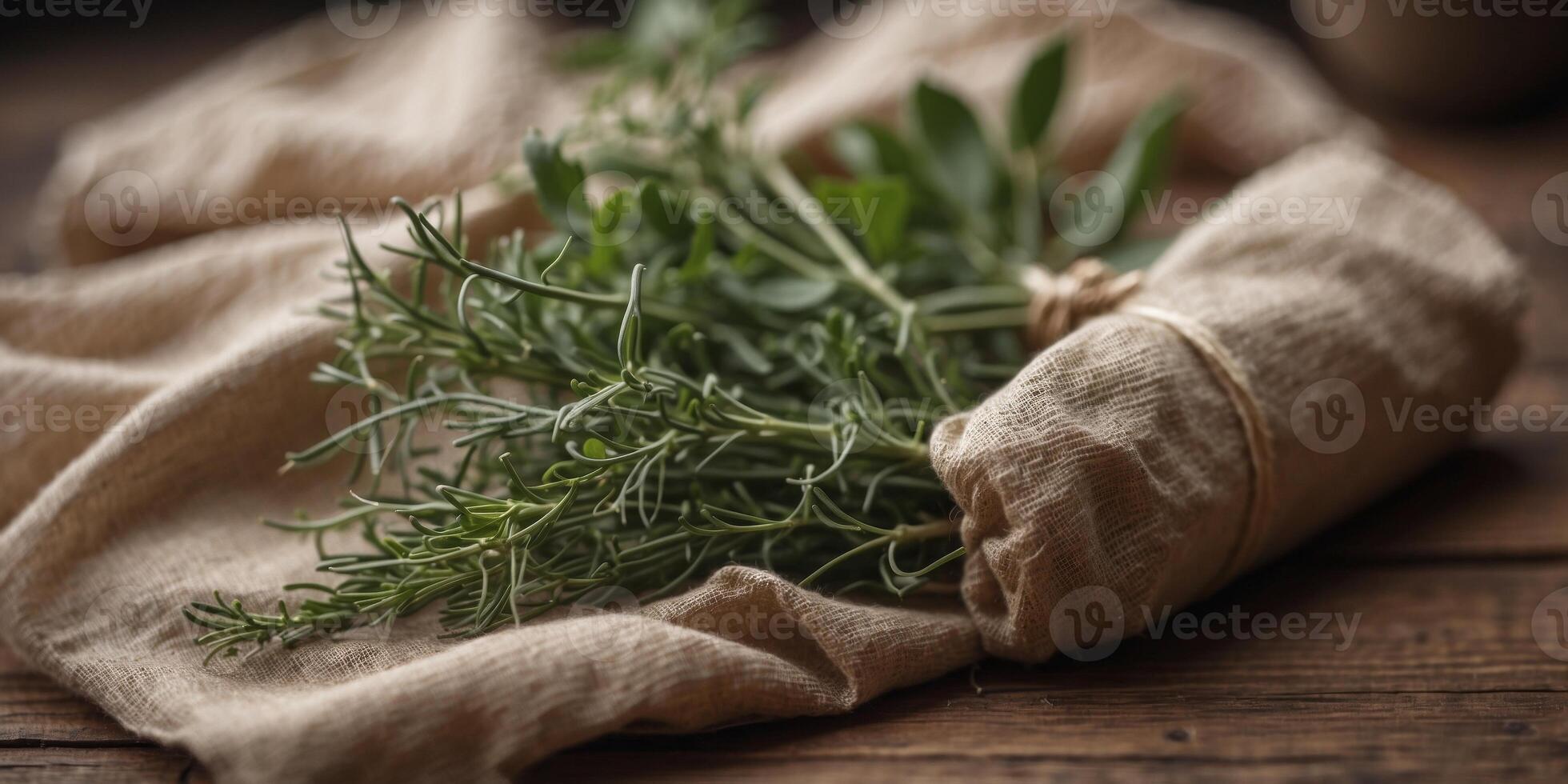 Freshly picked herbs wrapped in rustic cloth. photo