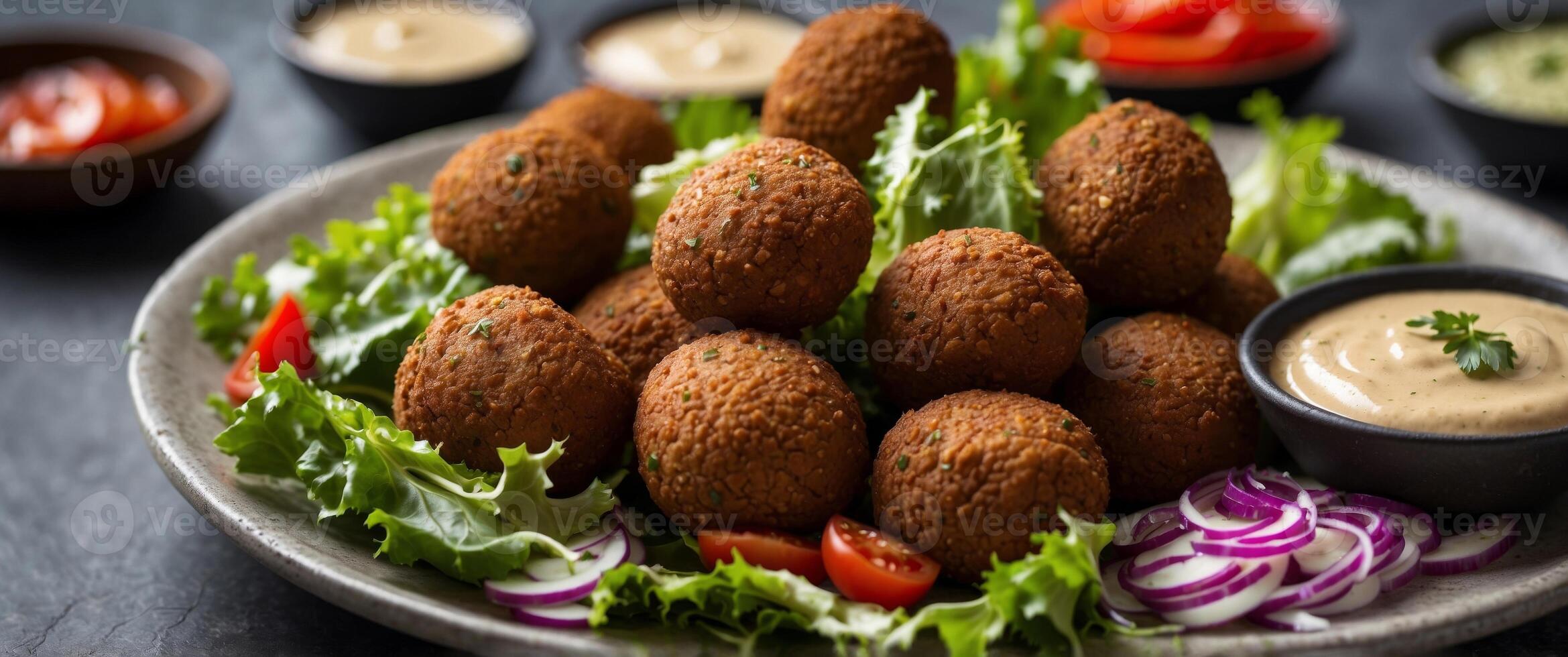 A platter of falafel with tahini sauce and a side of Israeli salad. photo