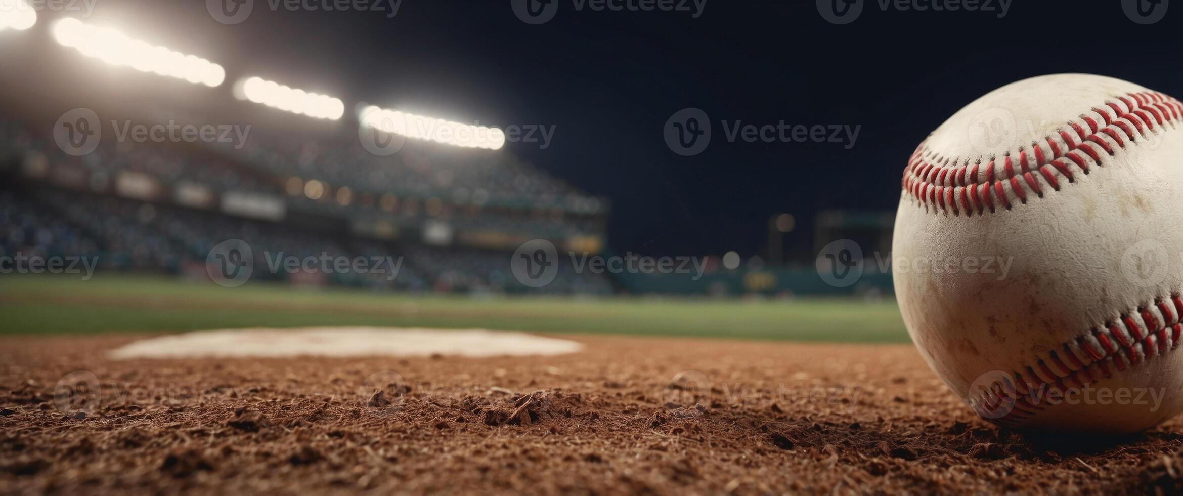 Close-up of a baseball resting on the pitcher's mound with the stadium in the background. photo