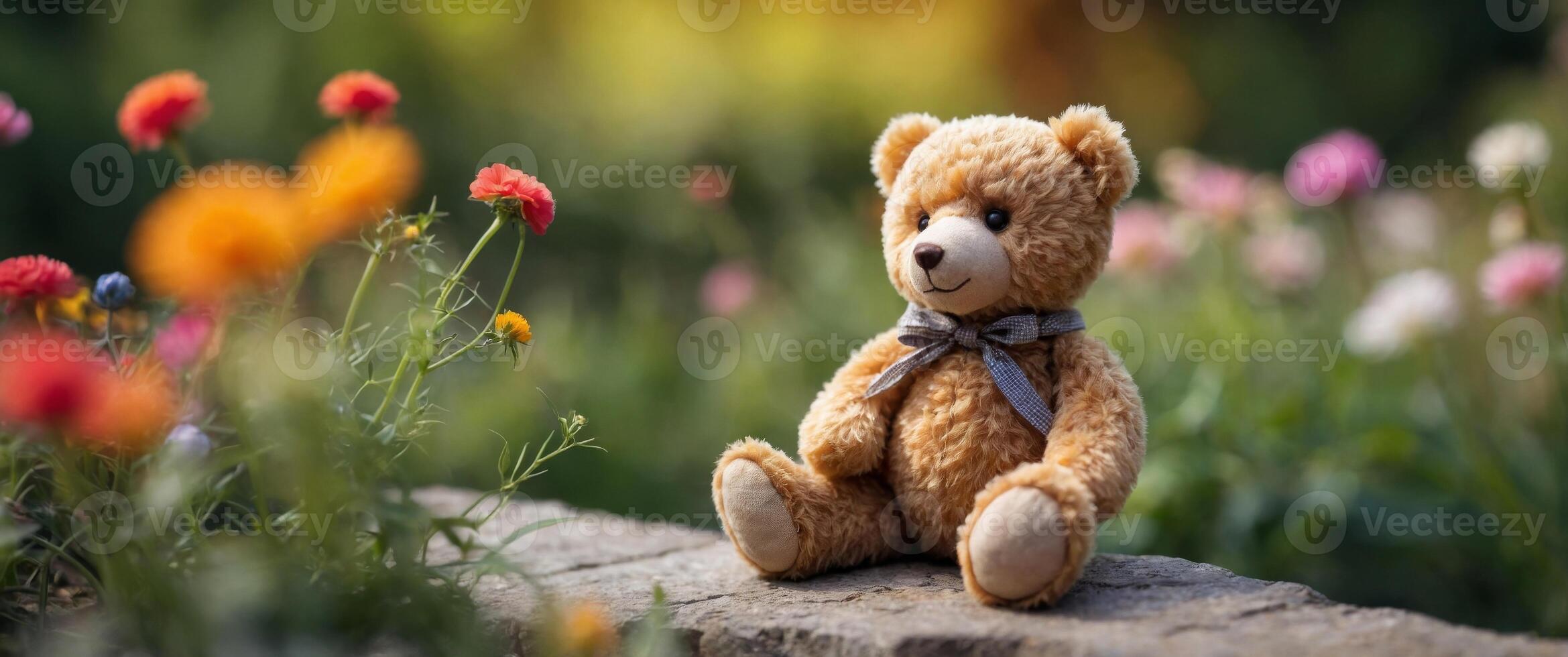 Little teddy bear sits back in the summer garden. photo