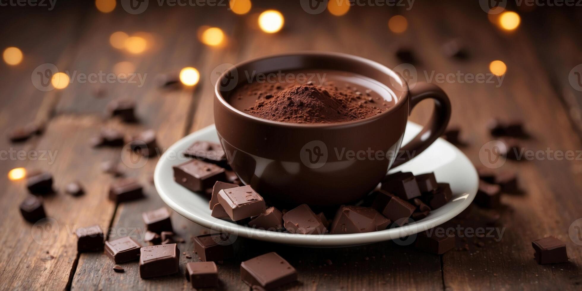 Chunks of Dark Chocolate in a Mug upon Wooden Table. photo