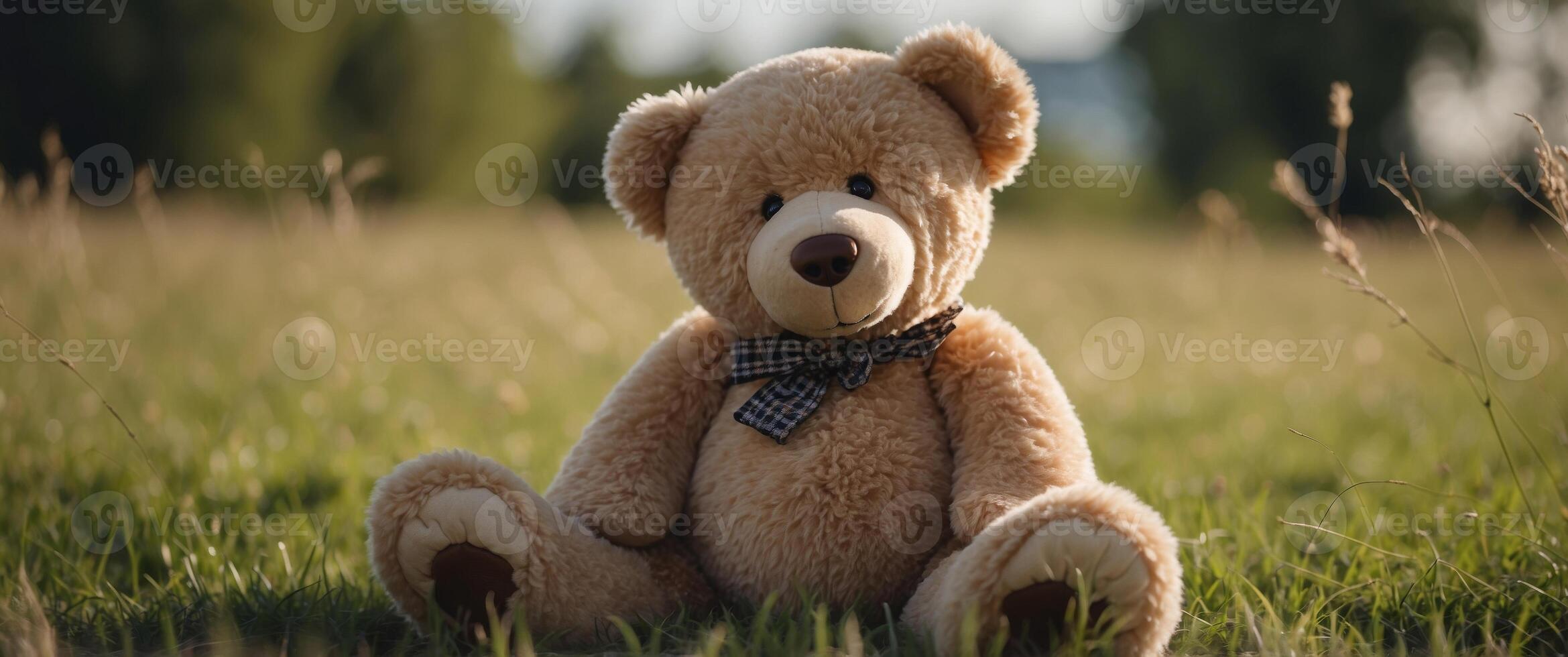 Big plush teddy bear sitting alone on green grass lawn in summer. photo