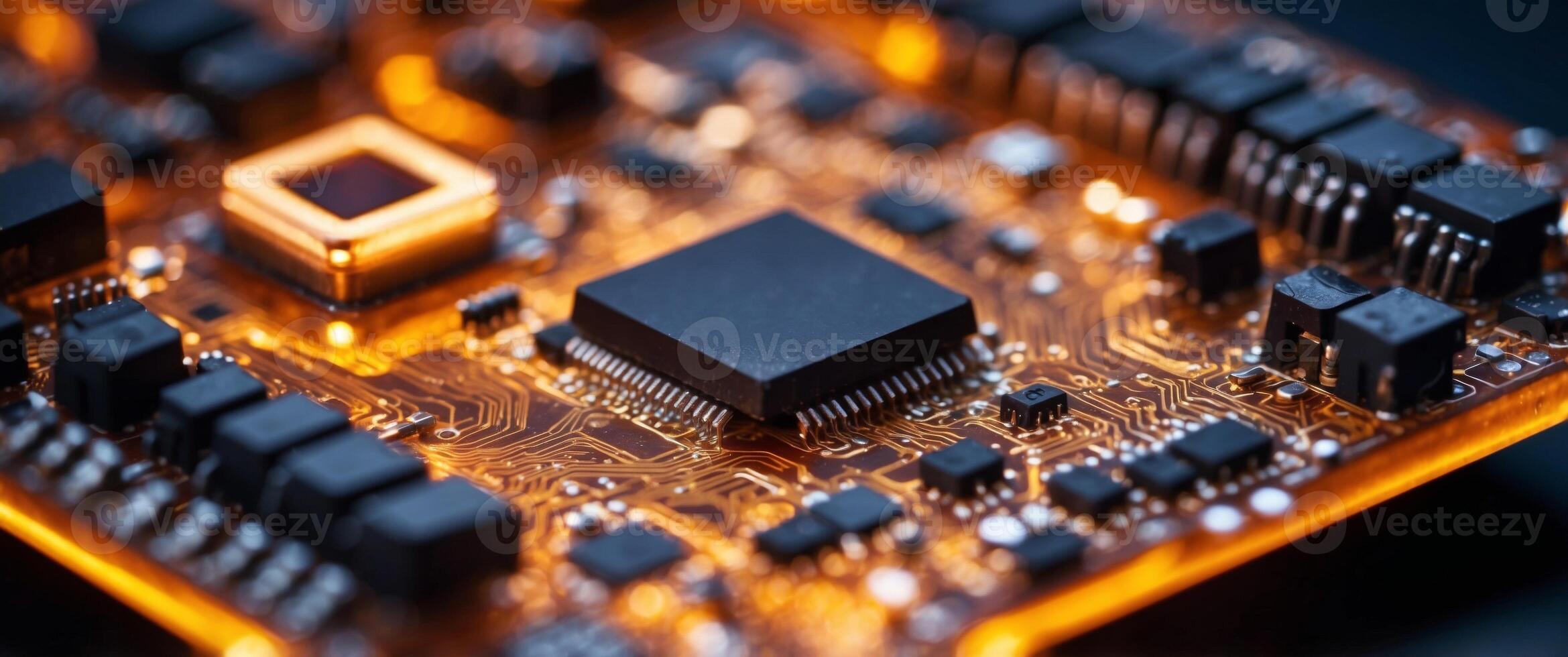 Close-up of a circuit board with a processor chip and glowing lights. photo