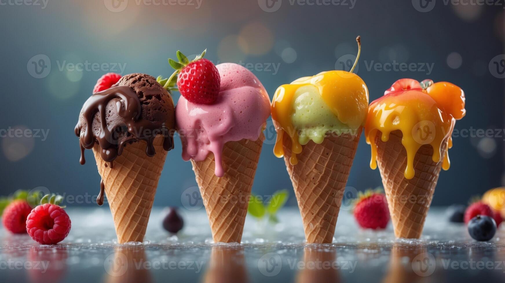 Melting ice cream cones with colorful drips and fruits. photo