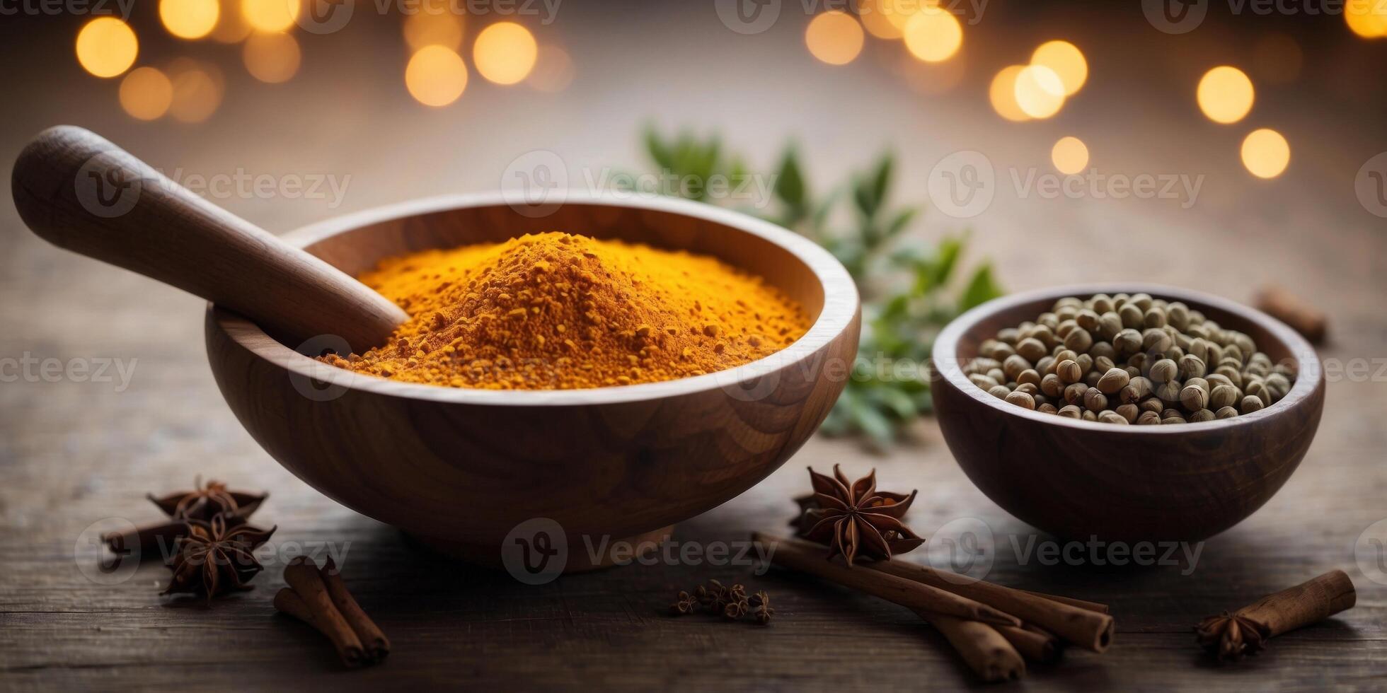 Rustic wooden mortar and pestle with spices. photo