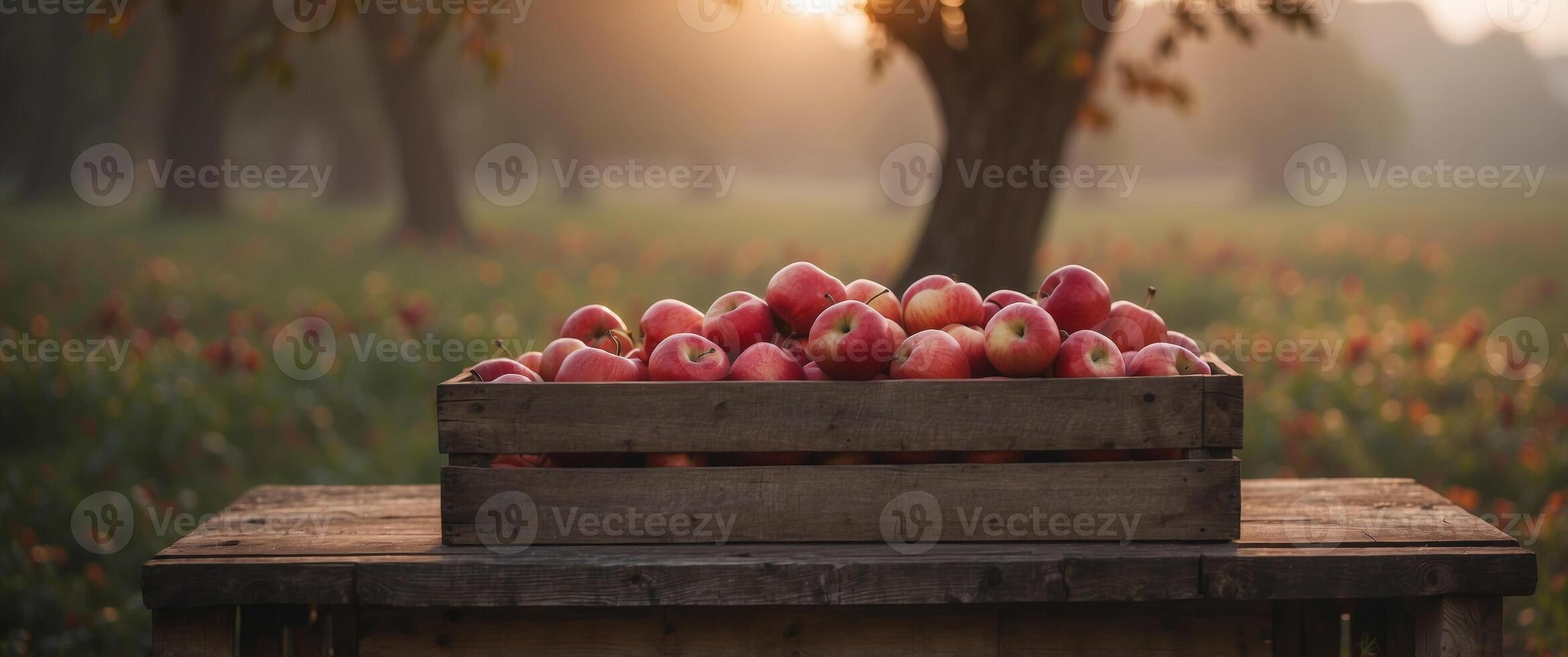 A wooden crate overflowing with ripe red apples sits on a rustic table in a misty autumn orchard at sunrise. photo