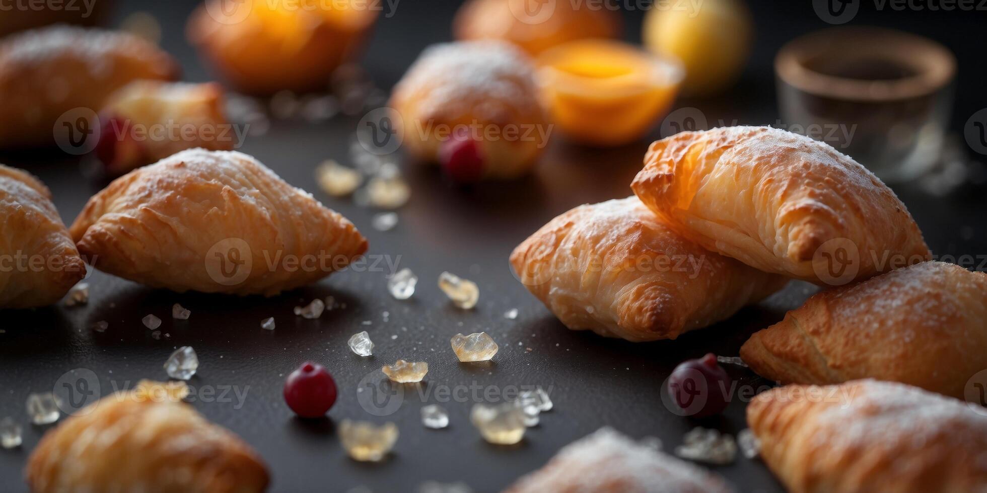 A pile of pastries atop wax paper on a black tablecloth. photo