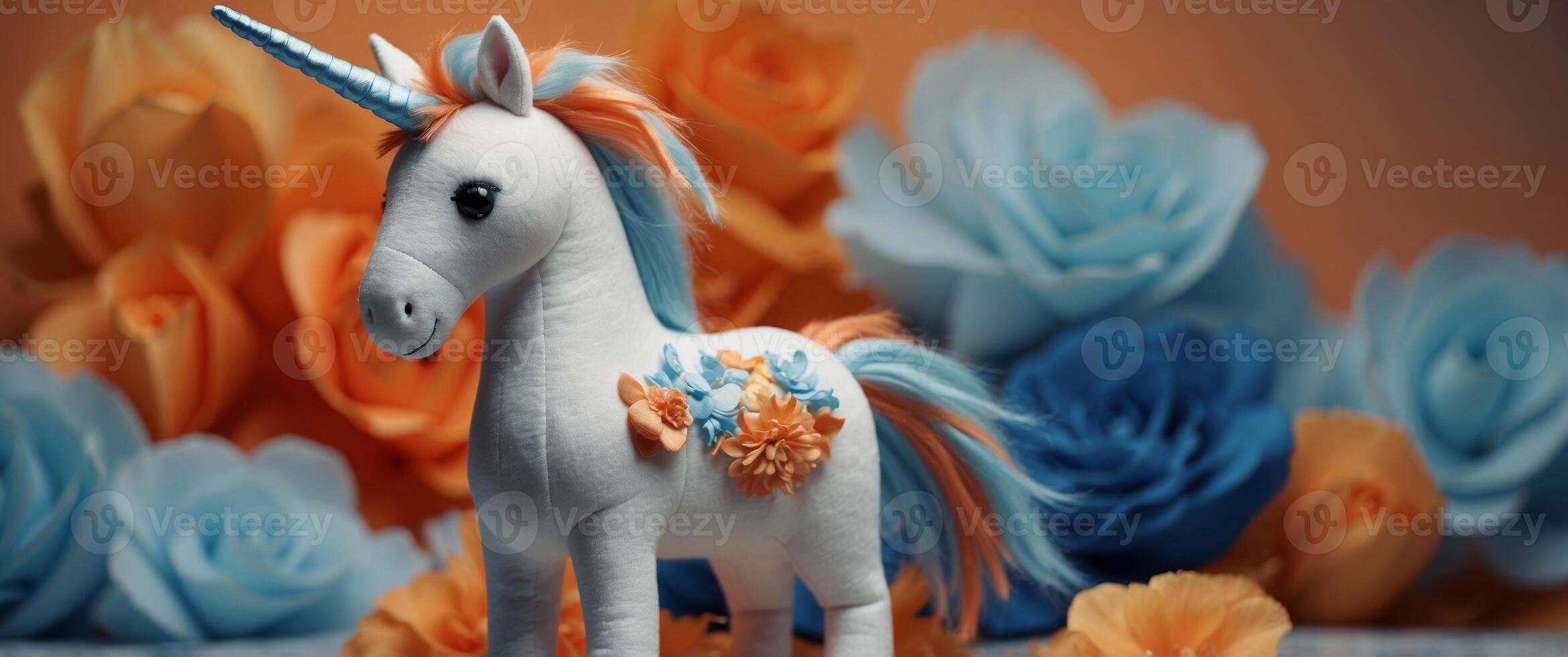 A plush unicorn toy on a light orange and blue background. photo
