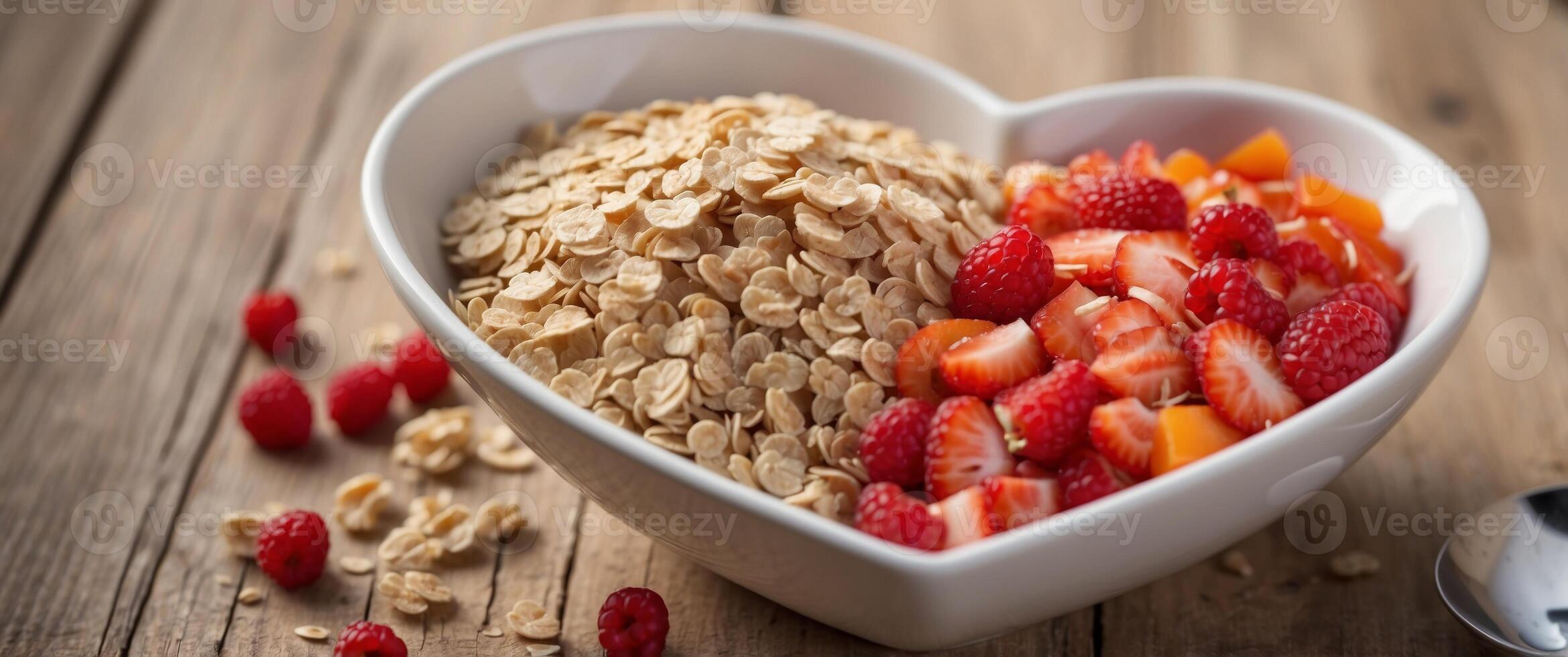 Oatmeal in heart shaped plate on wooden surface. photo