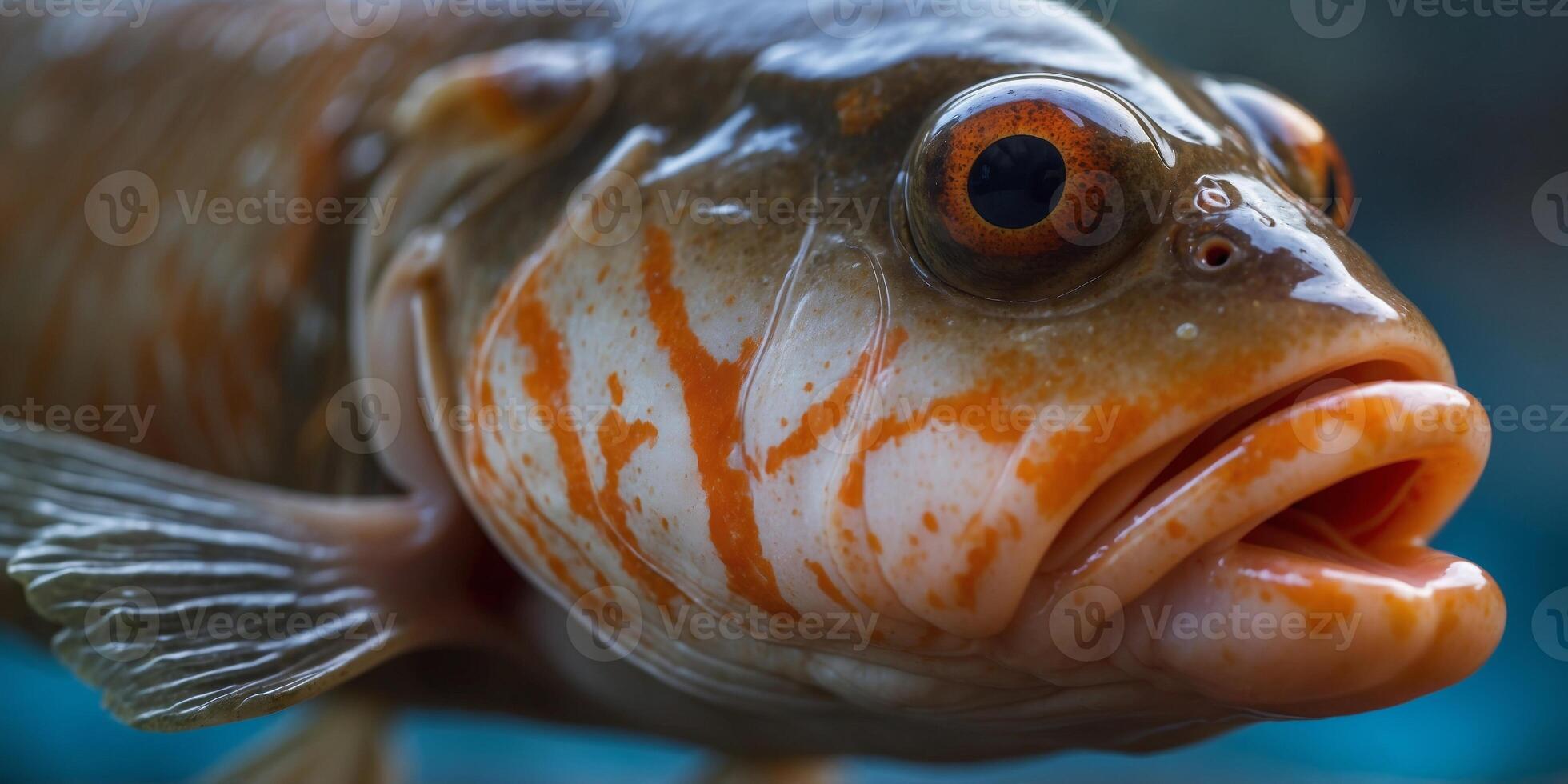 A tight shot of a fish's face with a blurred foreground and background. photo