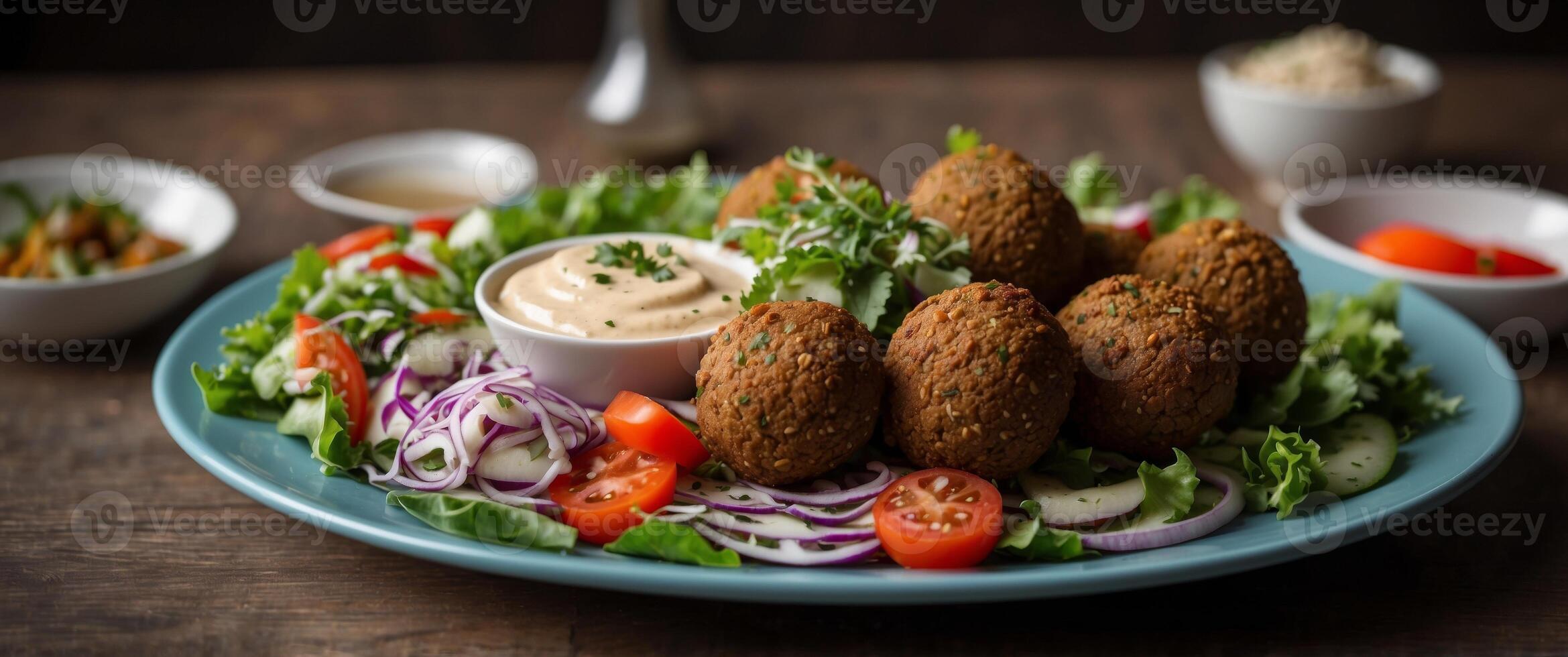 A platter of falafel with tahini sauce and a side of Israeli salad. photo