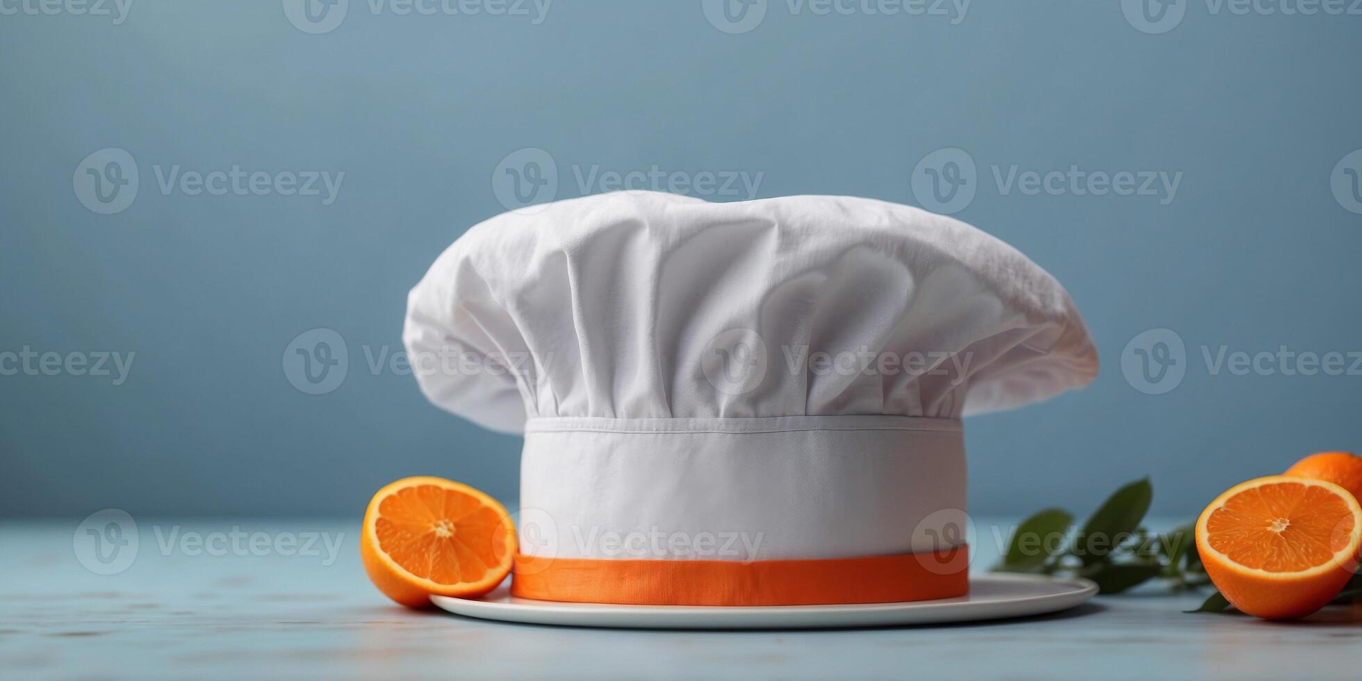 Chef hat with orange on pastel blue background Minimal food concept Copy space. photo