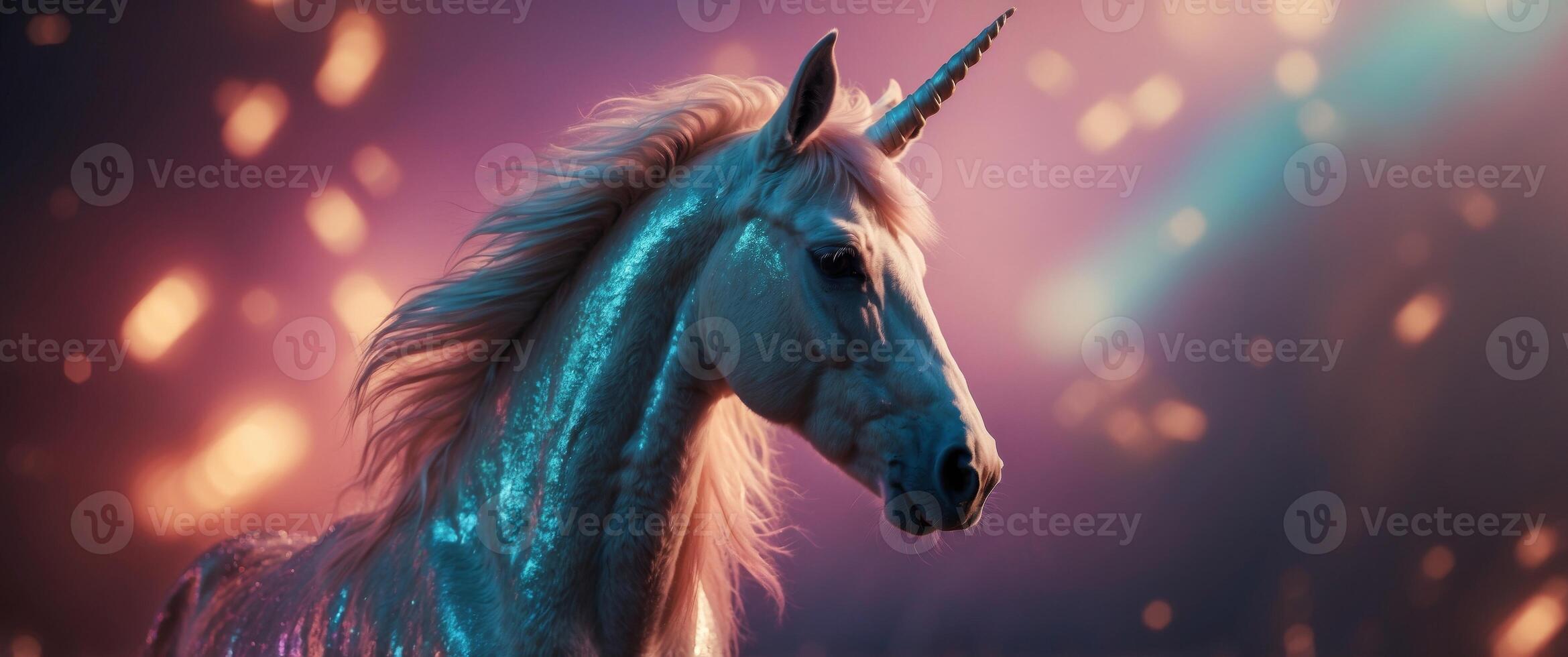 Background with neon unicorn and sunny rays. photo