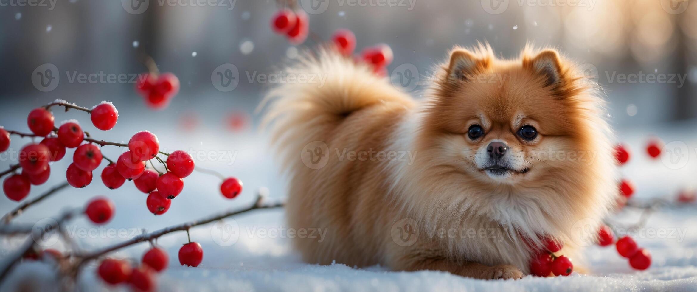 Pomeranian in a winter snow garden with red berries in the foreground. photo