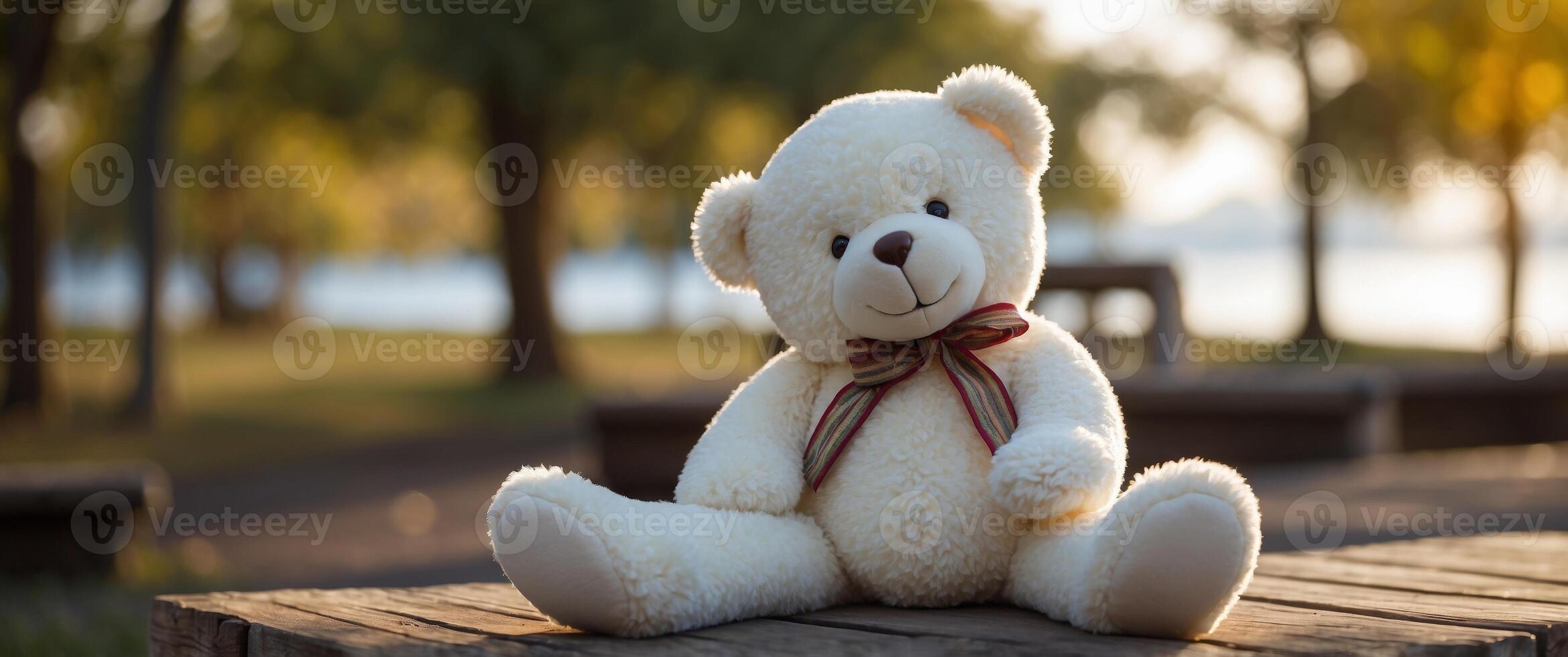 Big white teddy bear toy sitting on the wood bench. photo