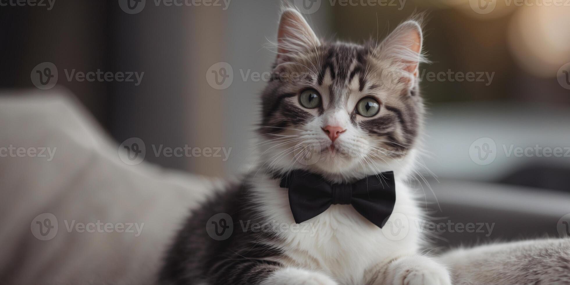 A Black and White Kitten in Glasses and a Bow Tie. photo