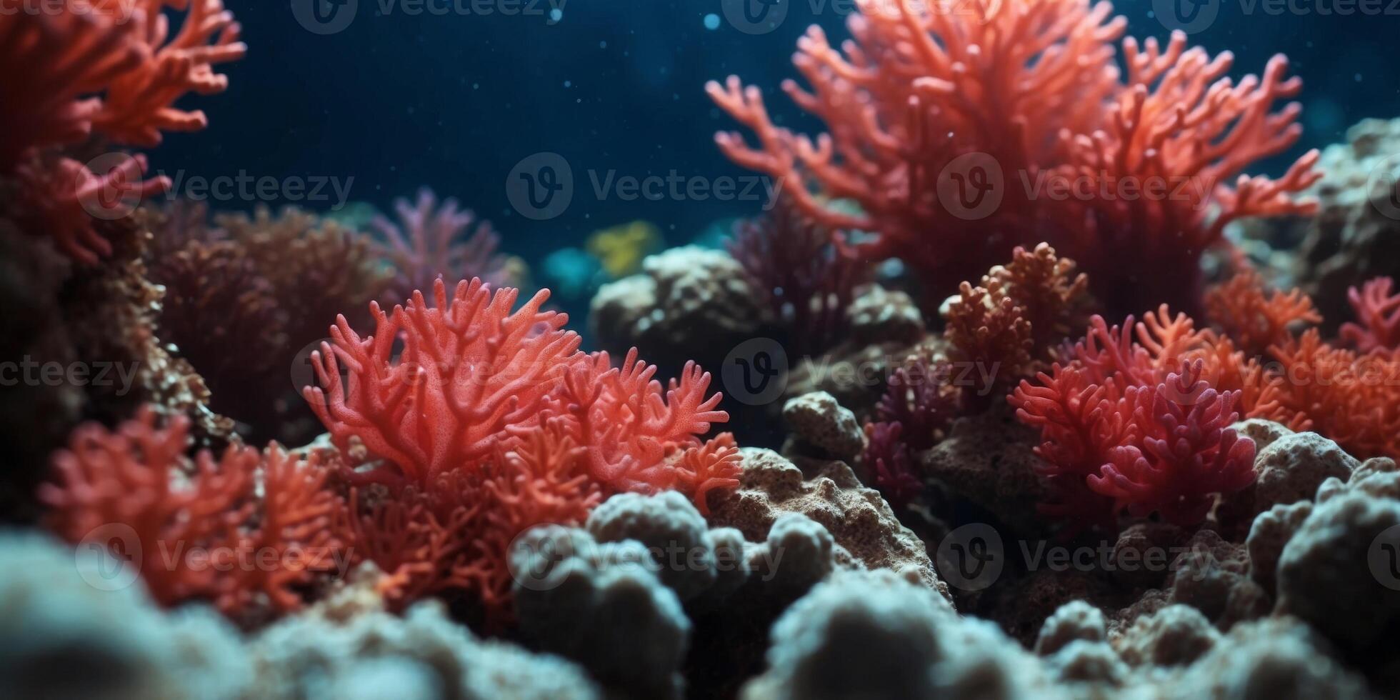 close up of a beautiful red tropical coral reef deep under the sea. photo