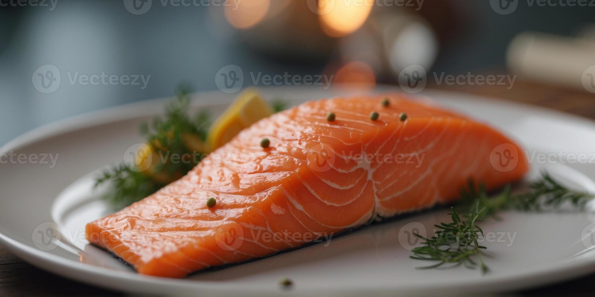 A piece of uncooked salmon is placed on a plate. photo