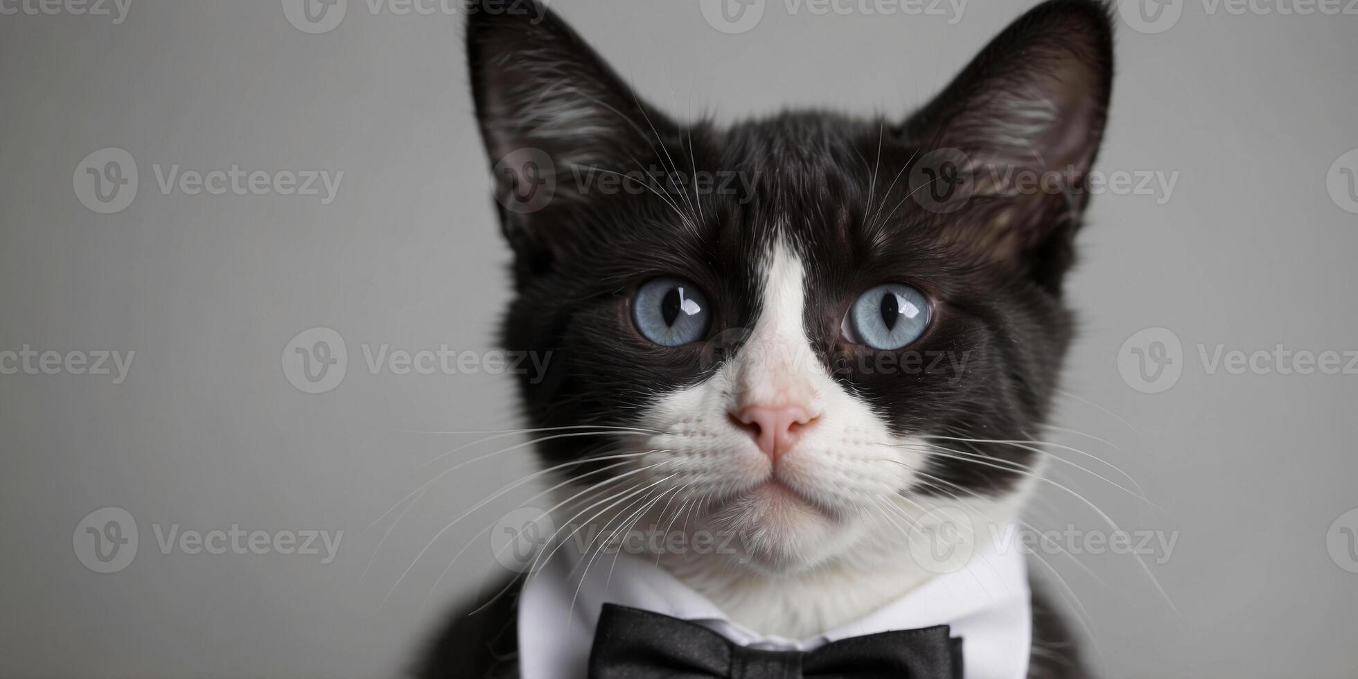 A Black and White Kitten in Glasses and a Bow Tie. photo