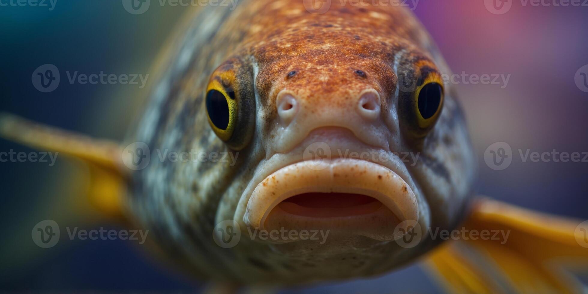 A tight shot of a fish's face with a blurred foreground and background. photo