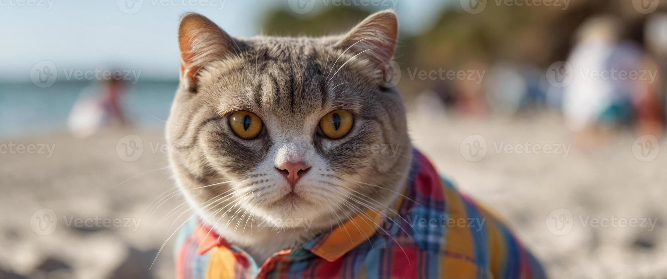 Scottish fold cat wearing a shirt at the beach in summer concept. photo