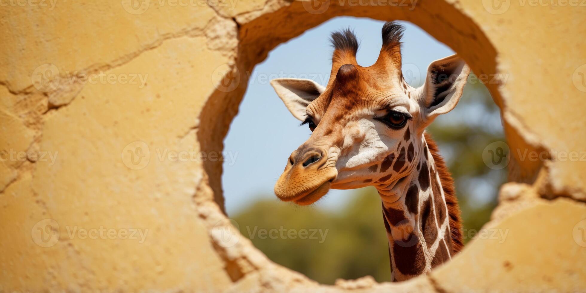 cute giraffe coming through crack hole in solid yellow background with copy space. photo