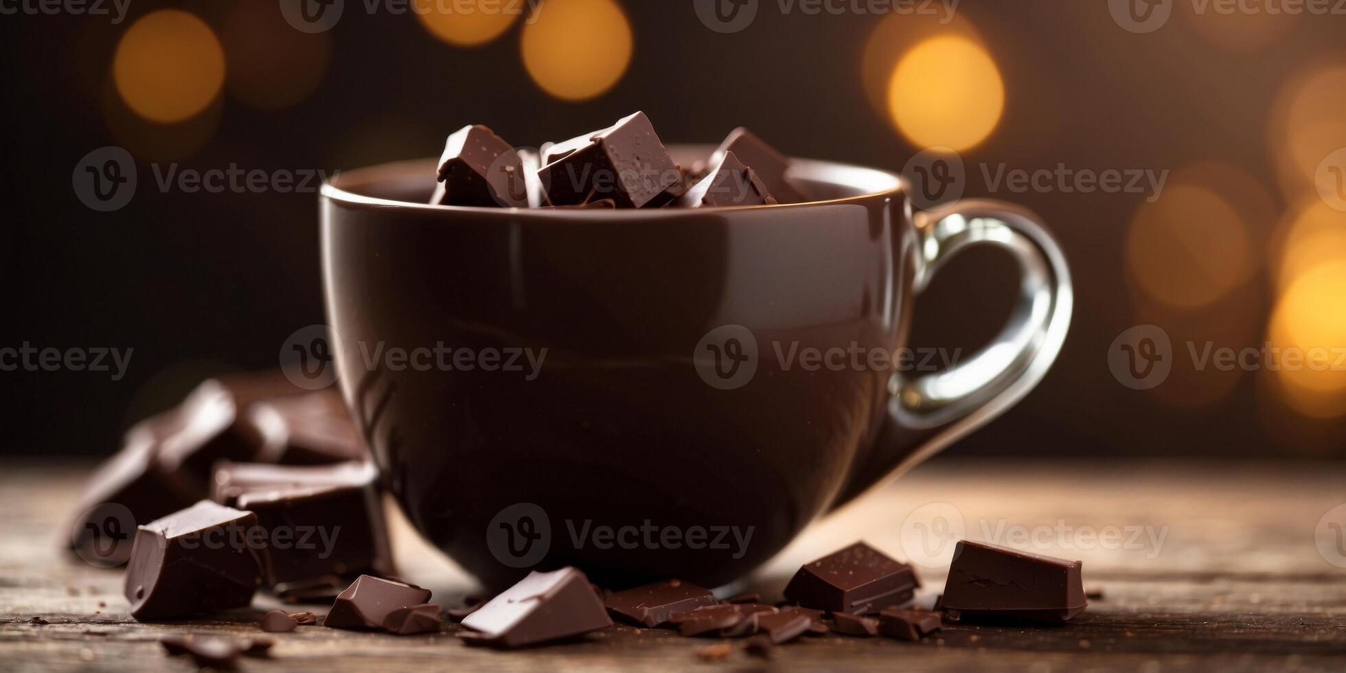 Chunks of Dark Chocolate in a Mug upon Wooden Table. photo