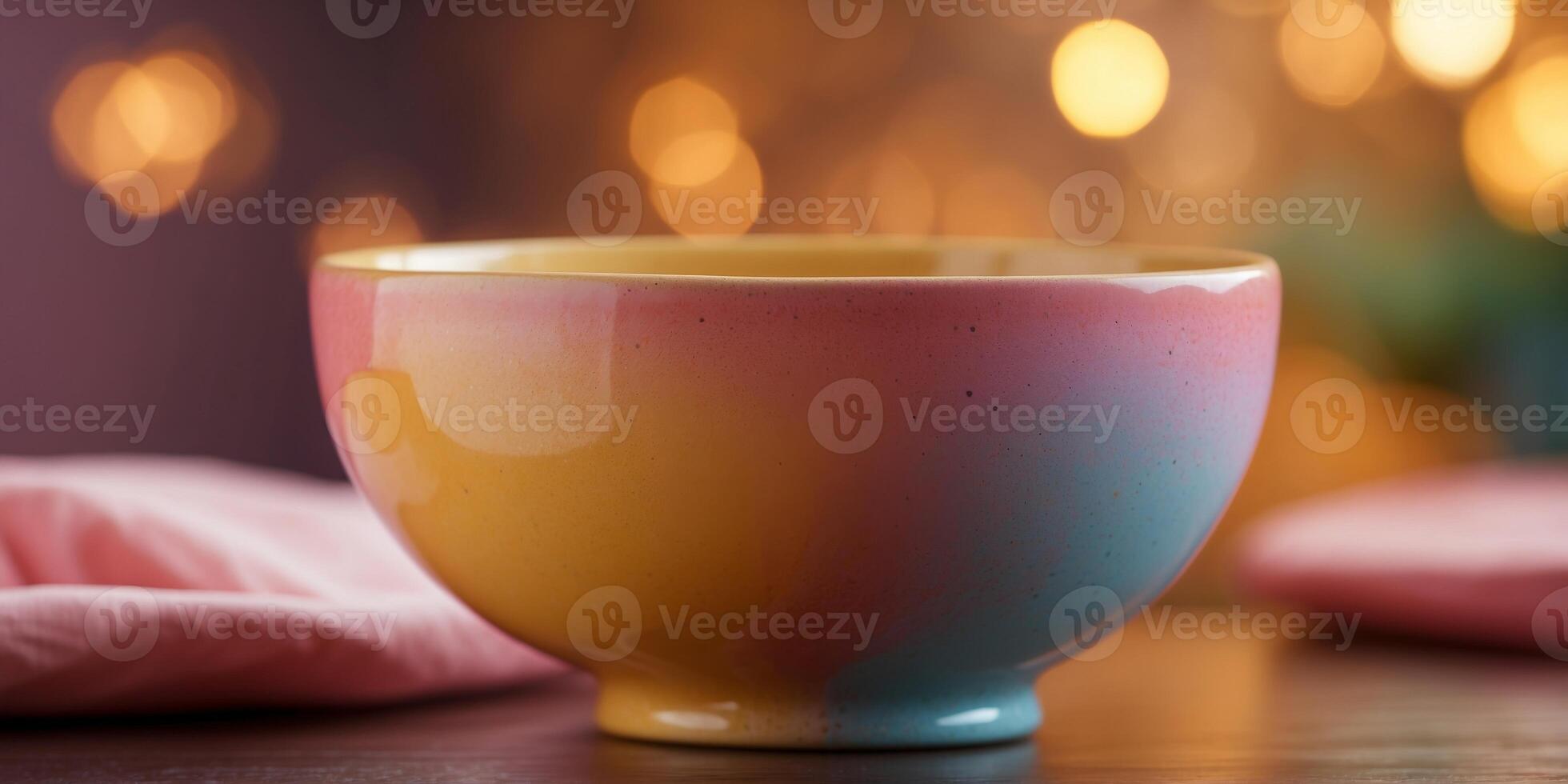 Yellow and Pink Ceramic Bowl on Colorful Background. photo