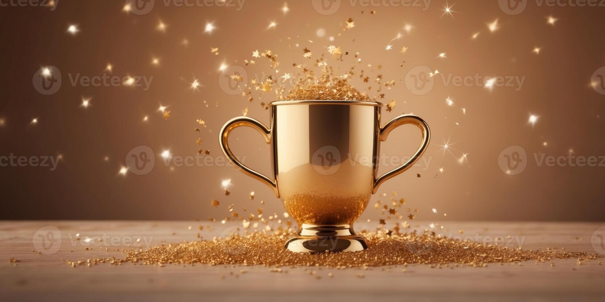 golden blank winners cup with golden stars confetti flying out on a peach fuzz color background. photo