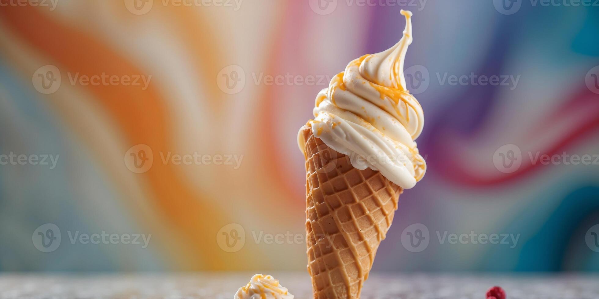 Vanilla Ice Cream Cone on Swirled Background. photo