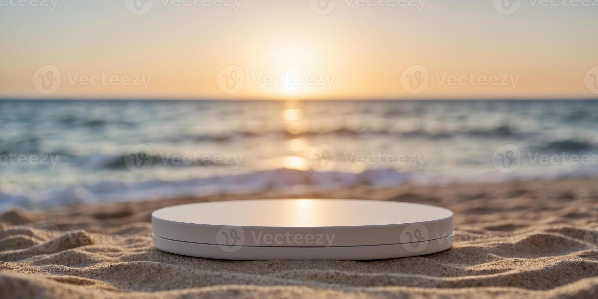 White empty podium for product cosmetic presentation on the beach background Pedestal or platform for beauty products Minimalist design. photo