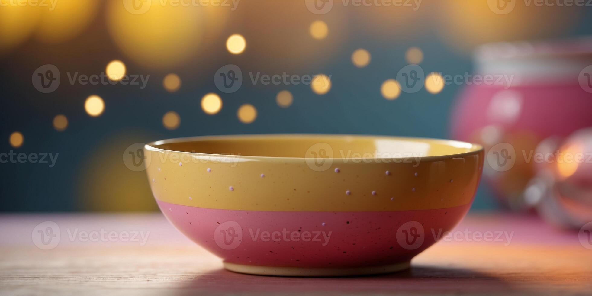 Yellow and Pink Ceramic Bowl on Colorful Background. photo