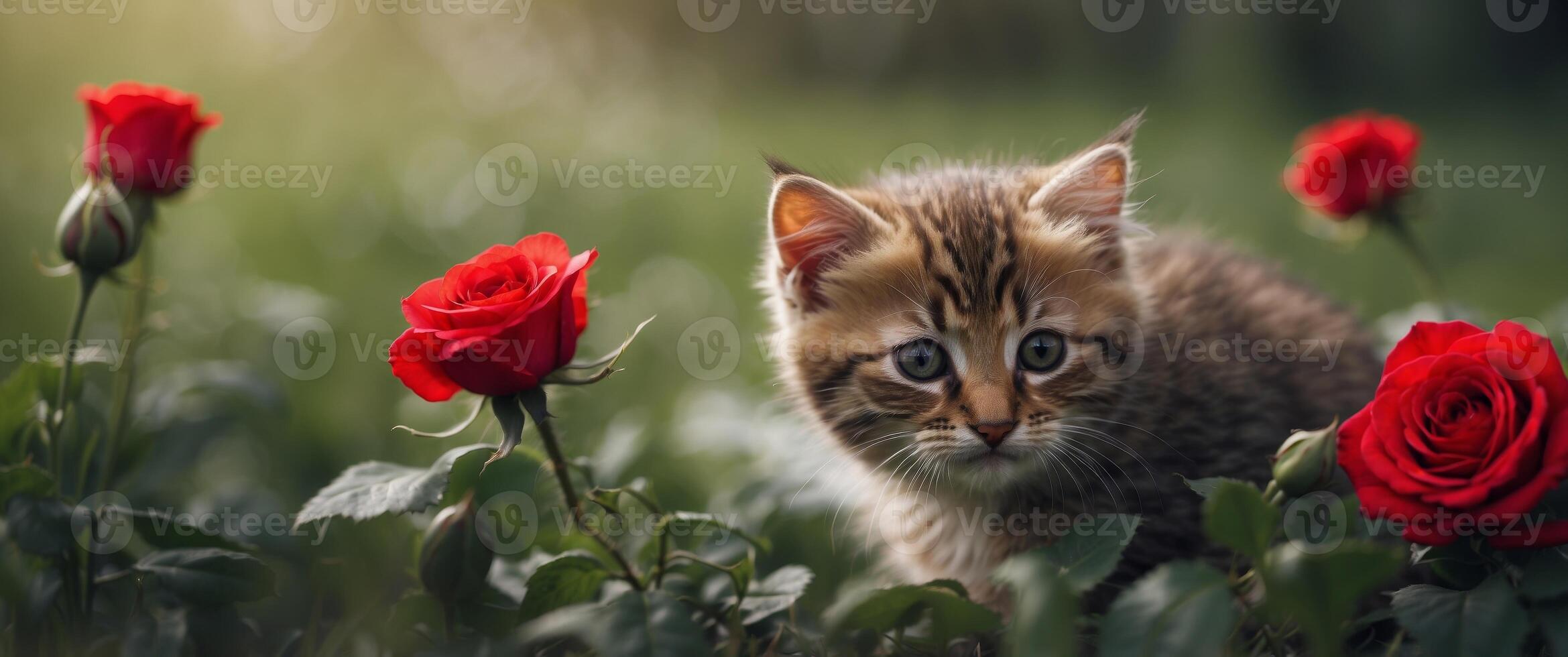 a small kitten playing in the grass with a red rose. photo