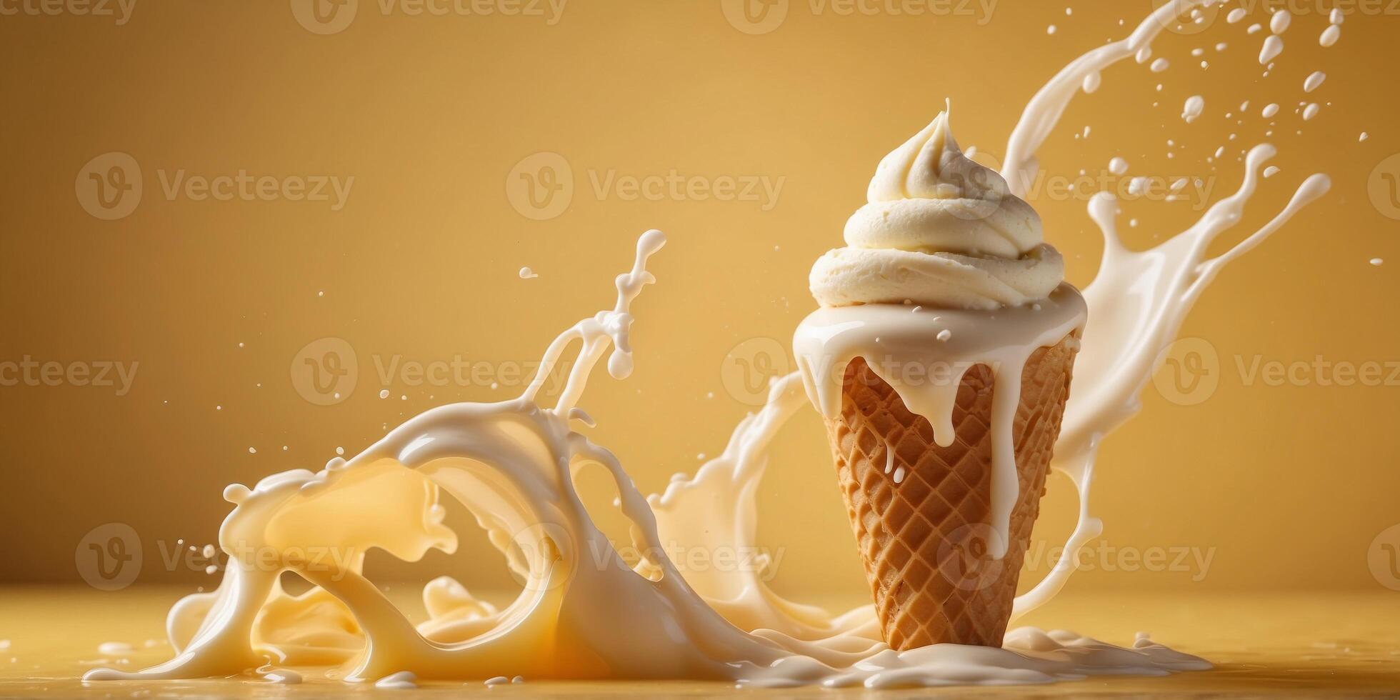 Vanilla ice cream cone splashing in milk on a yellow background. photo