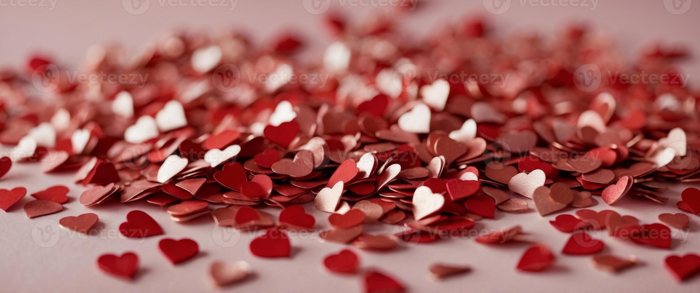 Small red heart shaped confetti on pink background. photo