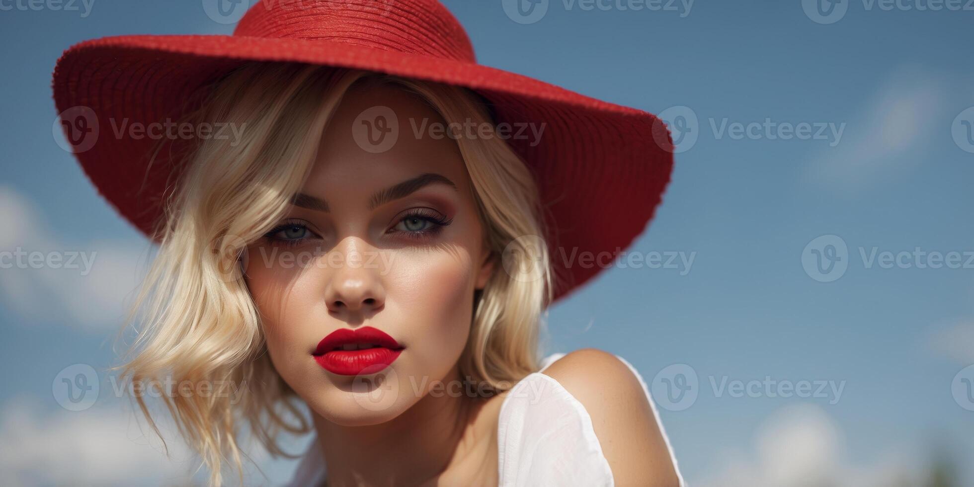 Fashion model in a white hat and bold red lipstick posing under a clear blue sky Striking close-up shot with a focus on bold makeup and minimalist fashion. photo