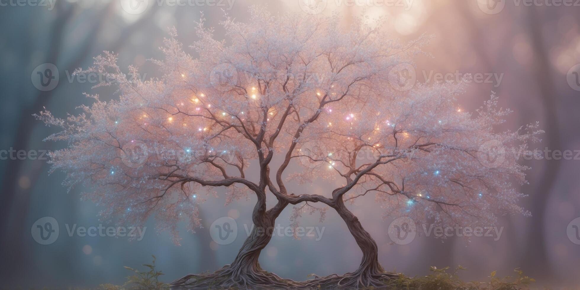 A shimmering binary tree entity, its branches adorned in opalescent hues of pastel pink, blue, and purple, stands out against a soft, dreamy backdrop. photo