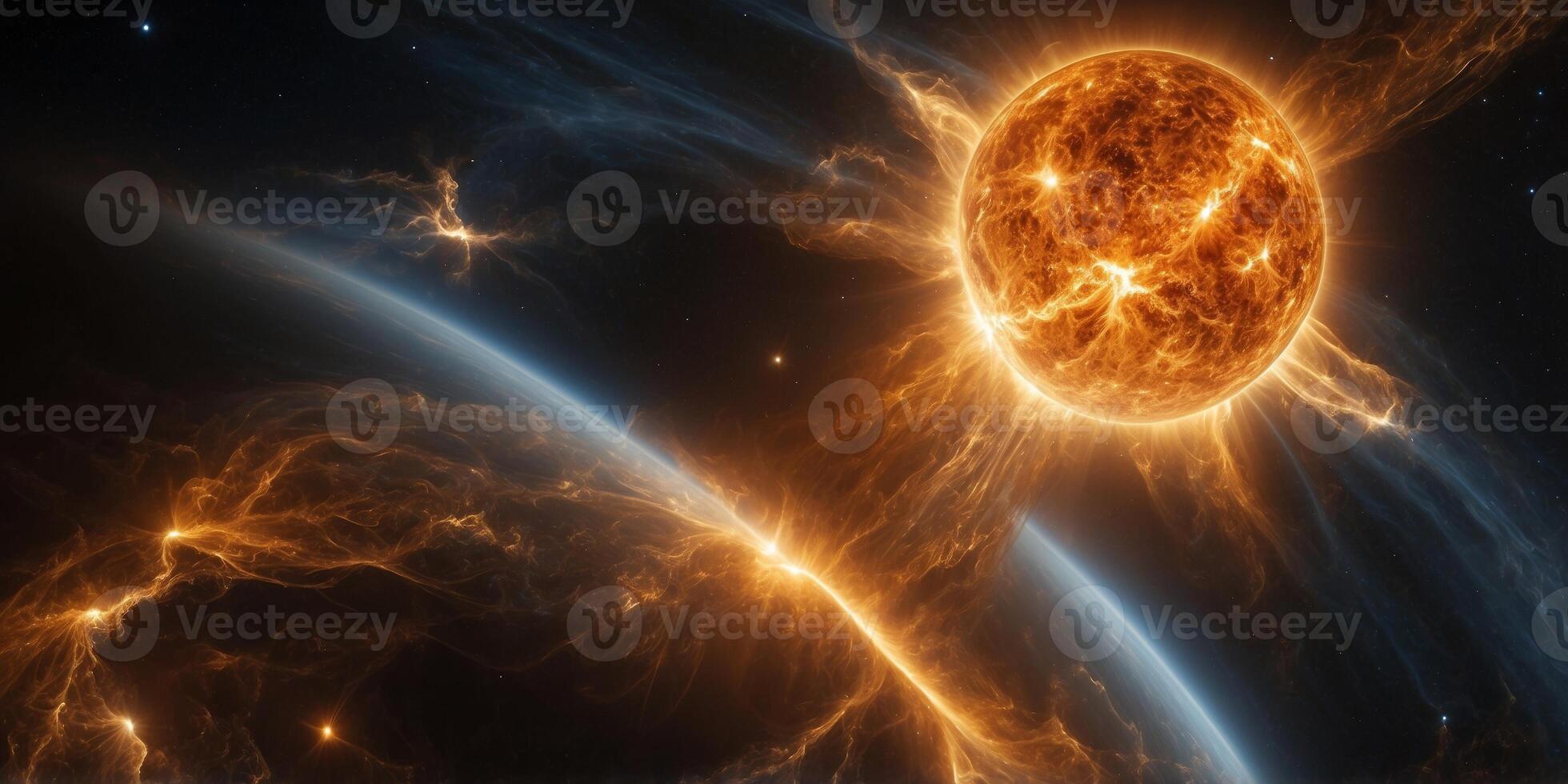 A blindingly bright solar flare, gleaming in golden hues against the dark expanse of space. photo