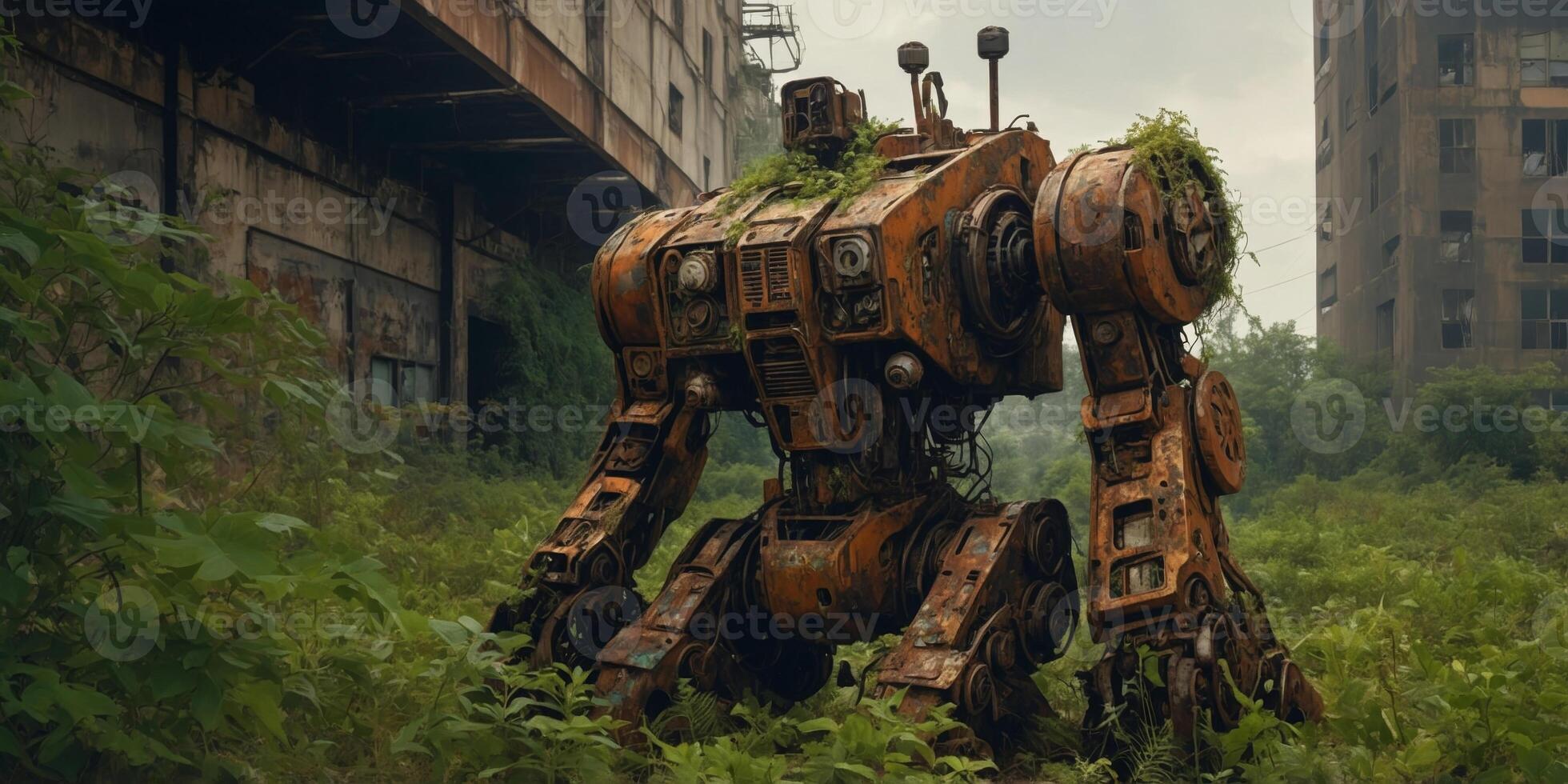 A time-worn mecha, covered in rust and overgrown with vines, stands in a barren wasteland. photo
