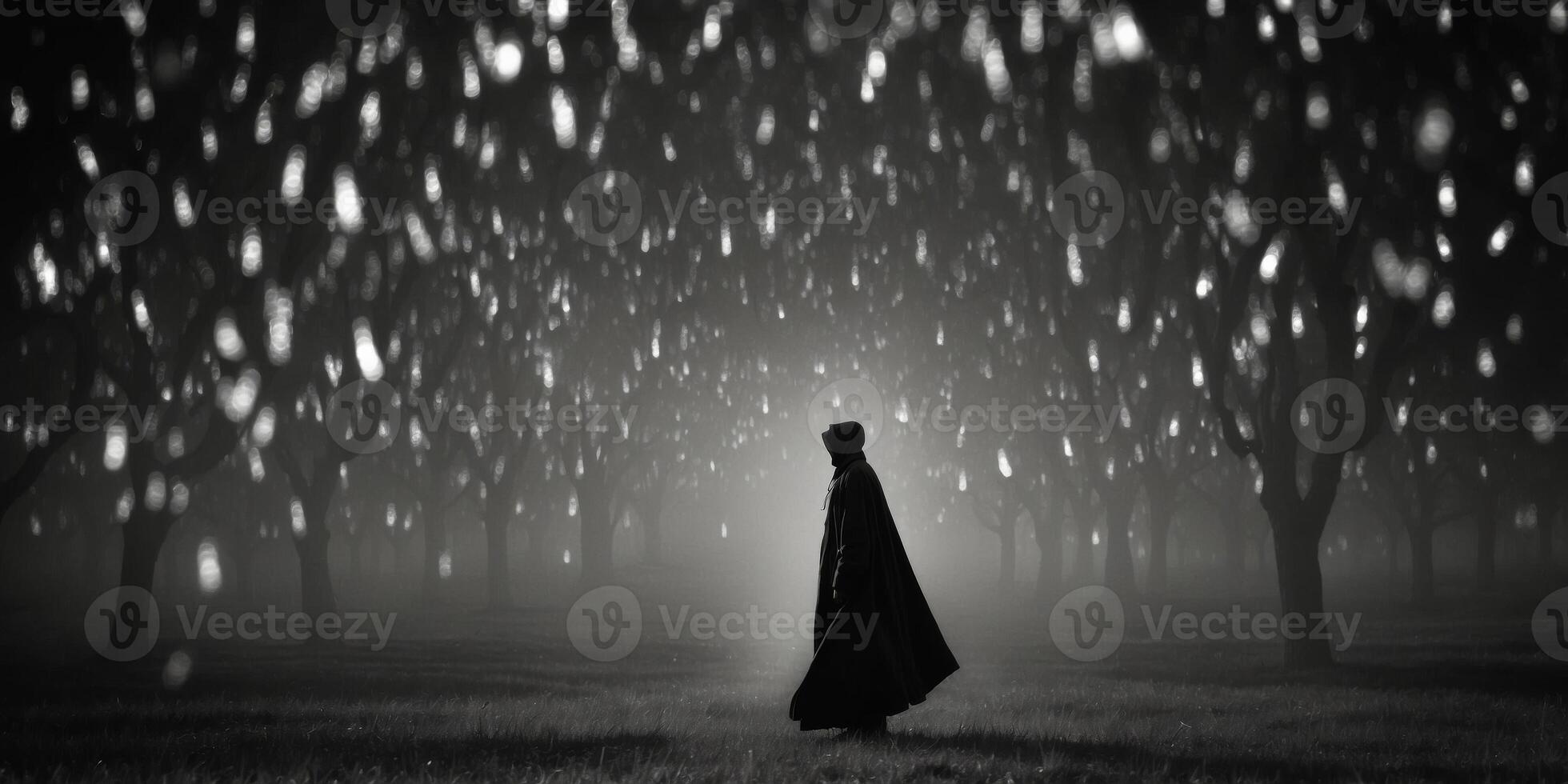 An enigmatic figure, cloaked in shadows and surrounded by wisps of shifting memories, stands amidst a shimmering field of memories suspended in midair. photo