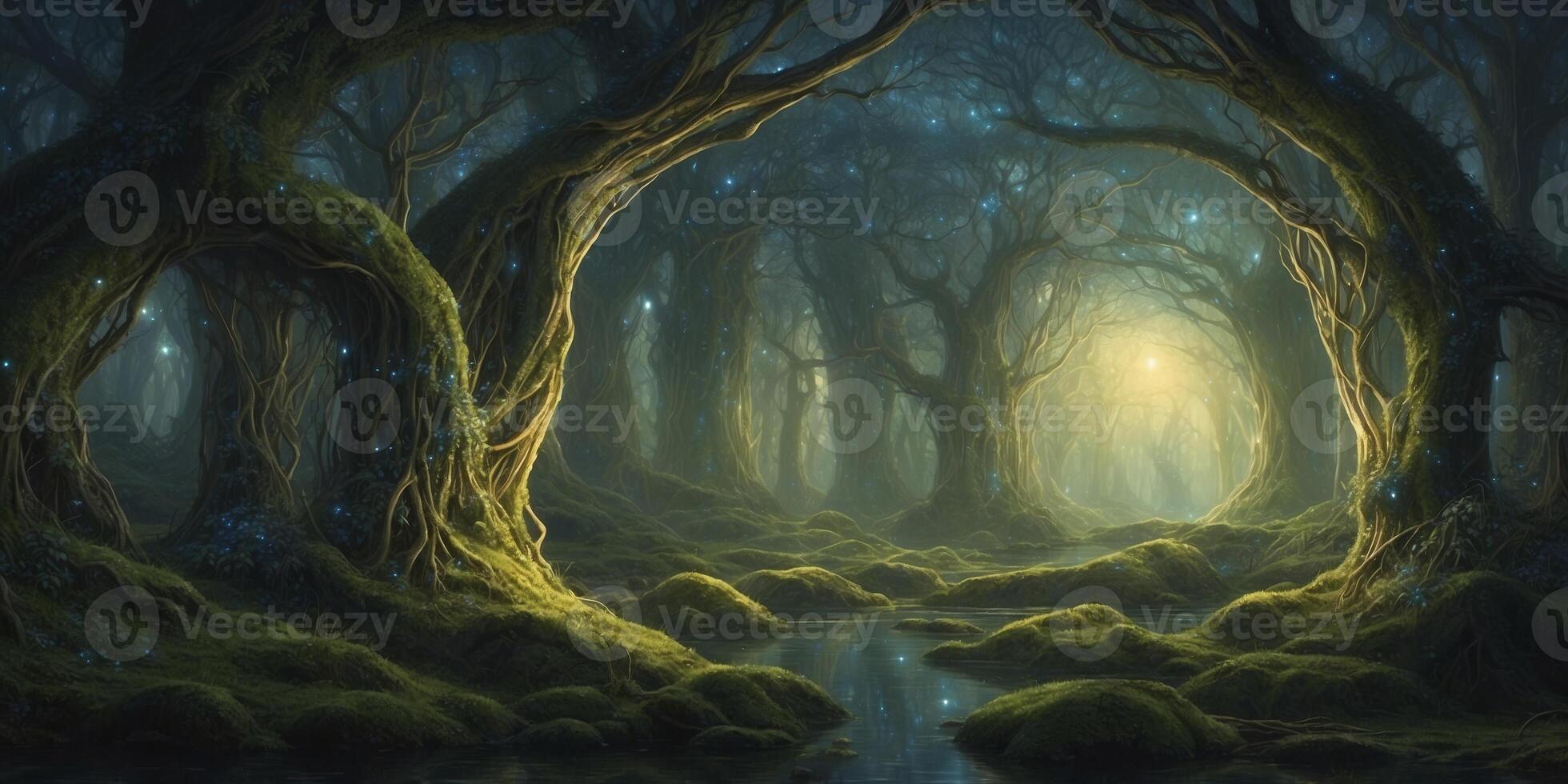 In the center of a vintage-chic bioluminescent space habitat, a towering tree-like structure shines with a soft glow, its branches intertwined with strands of glowing moss and shimmering crystals. photo