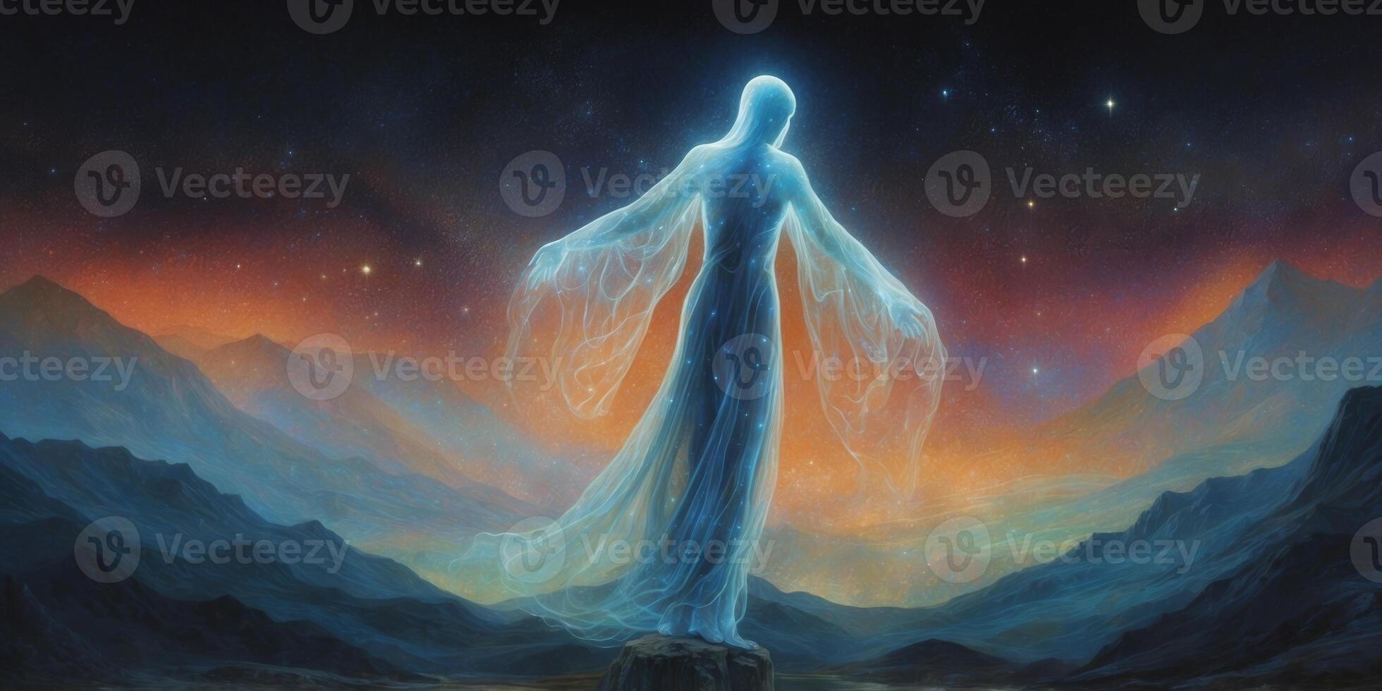 A shimmering spectral entity, the bioluminescent digital ghost glows with a celestial radiance, its translucent form seemingly untouched by time. photo