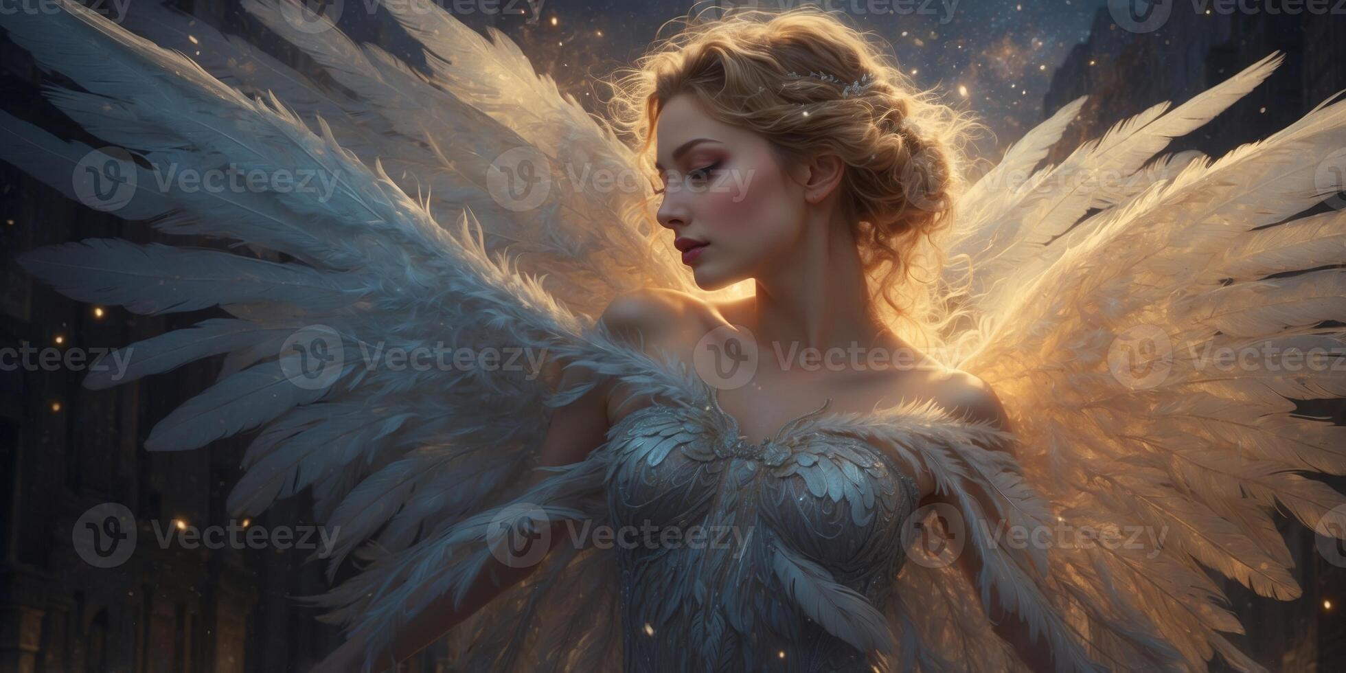 Ethereal and enchanting, a starry-eyed elusive harpy gazes wistfully into the distance, her delicate wings outstretched in a moment frozen in time. photo
