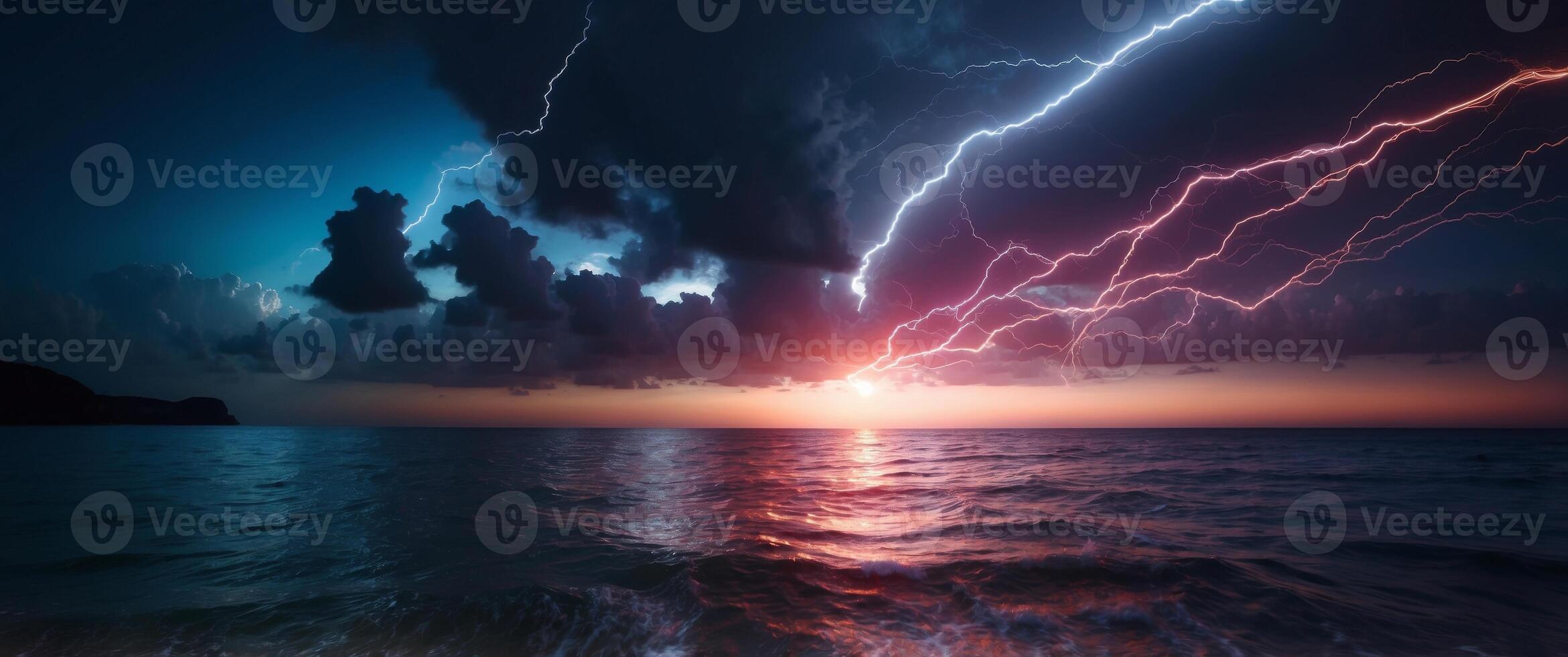 Neon Lightning Glowing Lines and Cloud over the Sea. photo