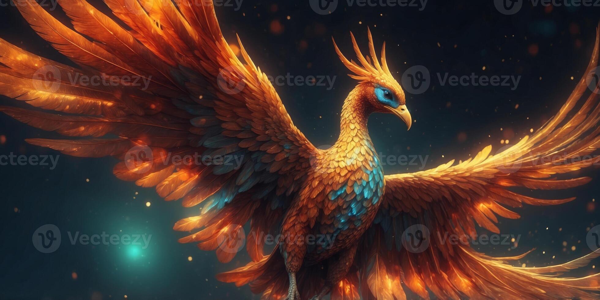 A luminous ethereal phoenix, its fiery feathers flickering with otherworldly hues against a midnight sky. photo